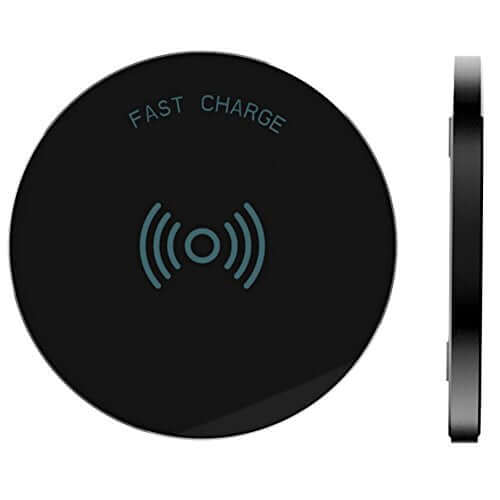 RND fast charge wireless charging pad for Qi-compatible devices, black sleek design shown from top and side view.