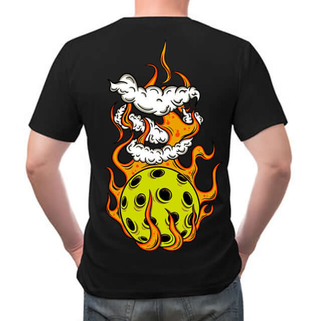 Flaming Pickleball Black T-Shirt with fiery pickleball design on back, perfect for intimidating opponents on the court.