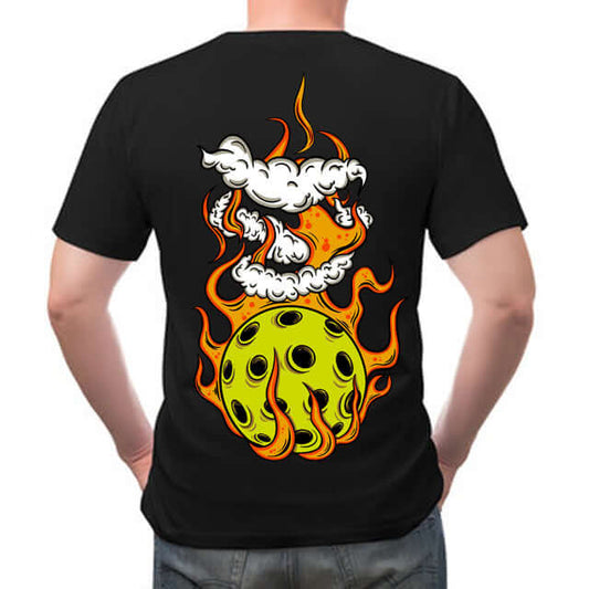 Flaming Pickleball Black T-Shirt with fiery pickleball design on back, perfect for intimidating opponents on the court.
