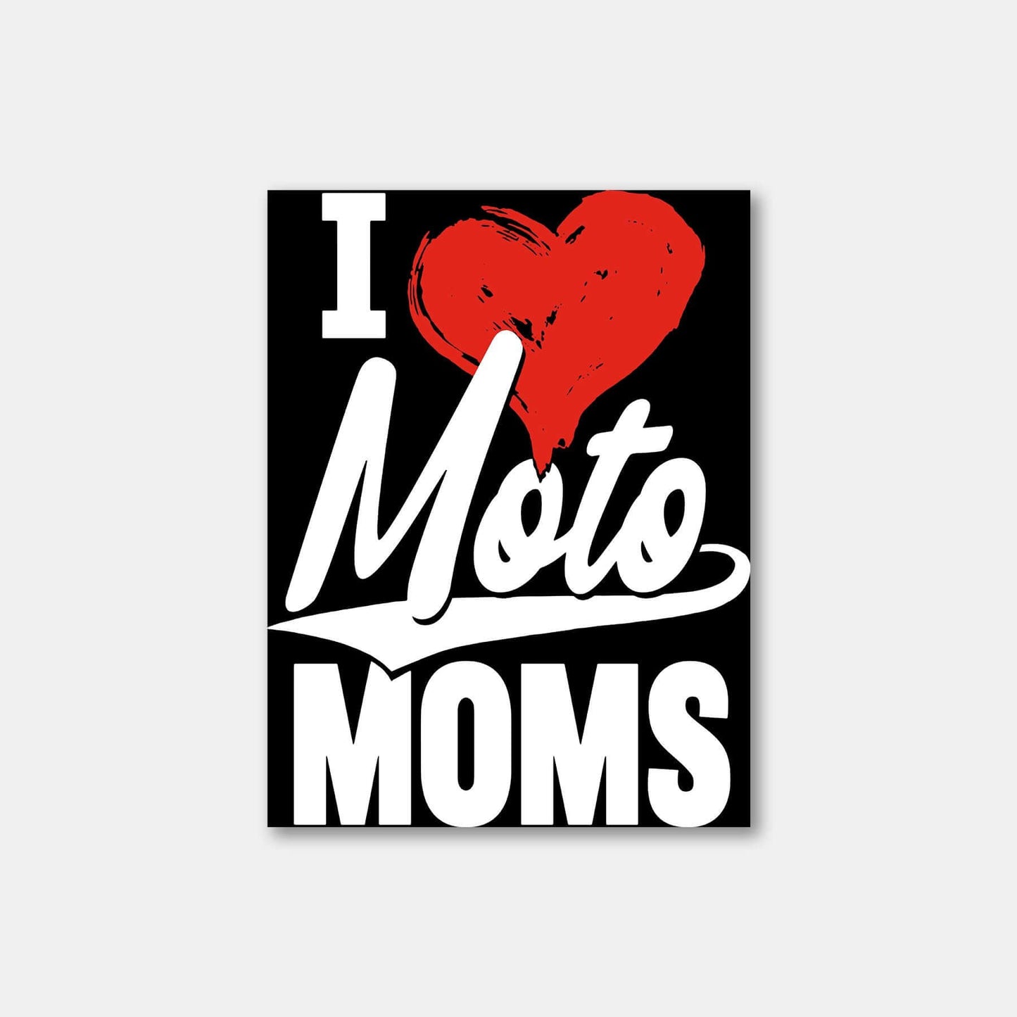 I Heart Moto Moms dirt bike sticker with a red heart on a black background for cars, laptops, helmets, and water bottles.