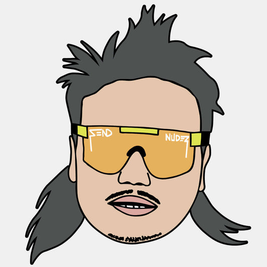 Cartoon illustration of a person with sunglasses, mustache, and shaggy hair.