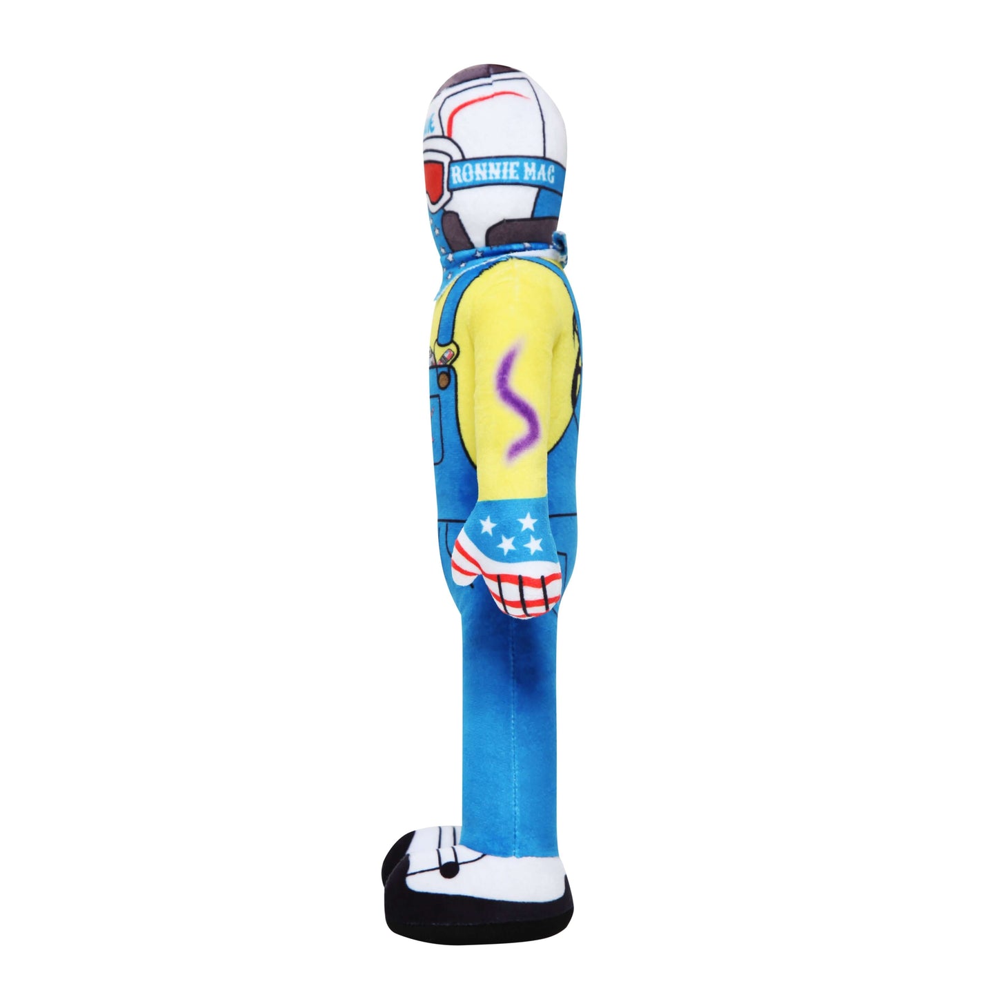 Lil Ronnie Plush toy in blue overalls and helmet, side view, colorful design, toy for kids, mischief-themed plush doll.