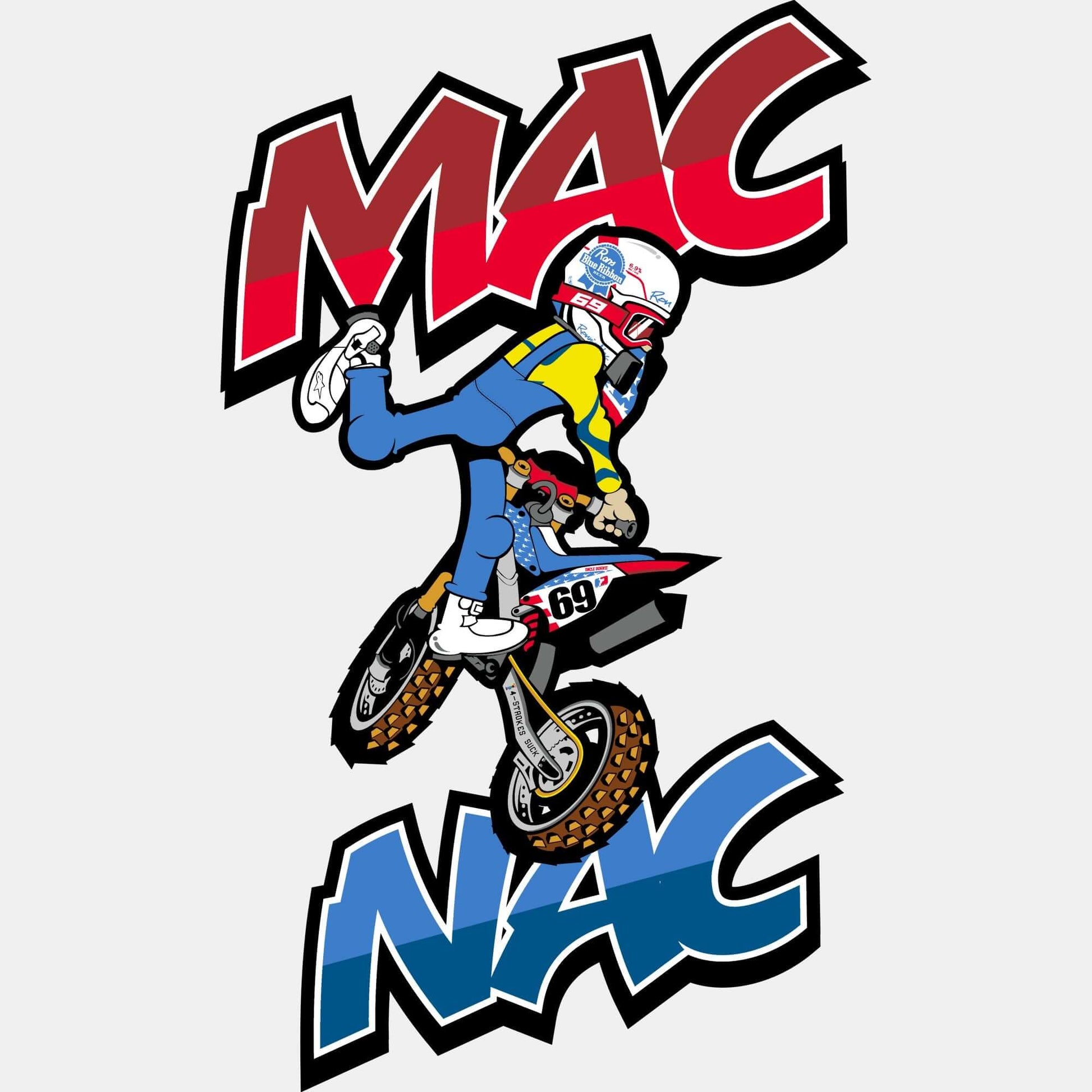 "Mac Nak sticker featuring a dynamic motorcyclist performing a trick with vibrant colors and bold text design"