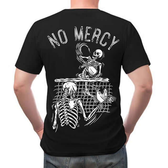 Black No Mercy Pickleball T-Shirt with skeleton design and bold text, perfect for aggressive pickleball players.