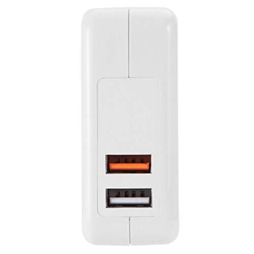Quick Charge 3.0 compatible USB AC charger with two ports for efficient device charging in a compact design.