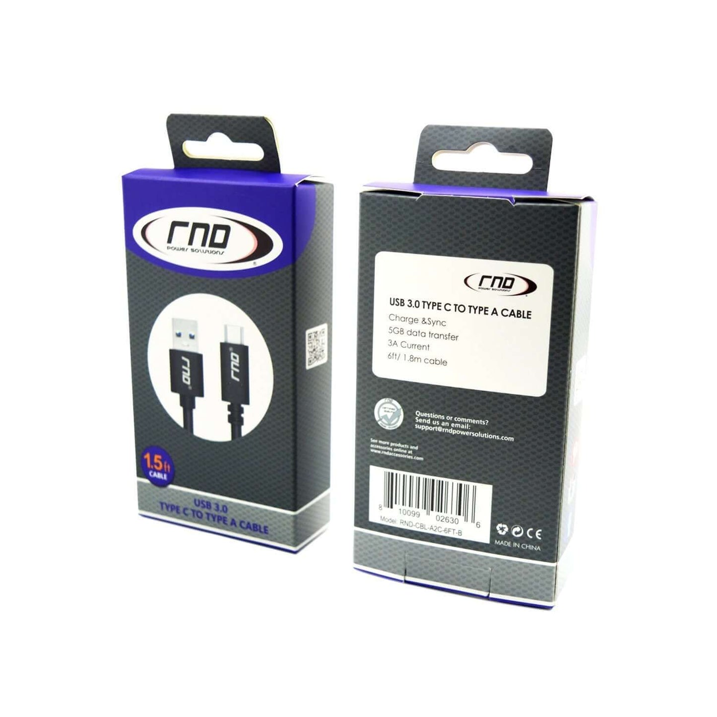 RND USB-C to USB-A Cable Packaging, Highlighting 5Gbps Data Transfer, 3A Current, and Reversible Connector, 1.5m Length.