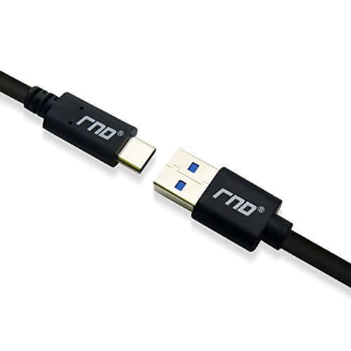 RND USB-C to USB-A cable for fast charging and data transfer, featuring a reversible slim design with 5Gbps speed capability.
