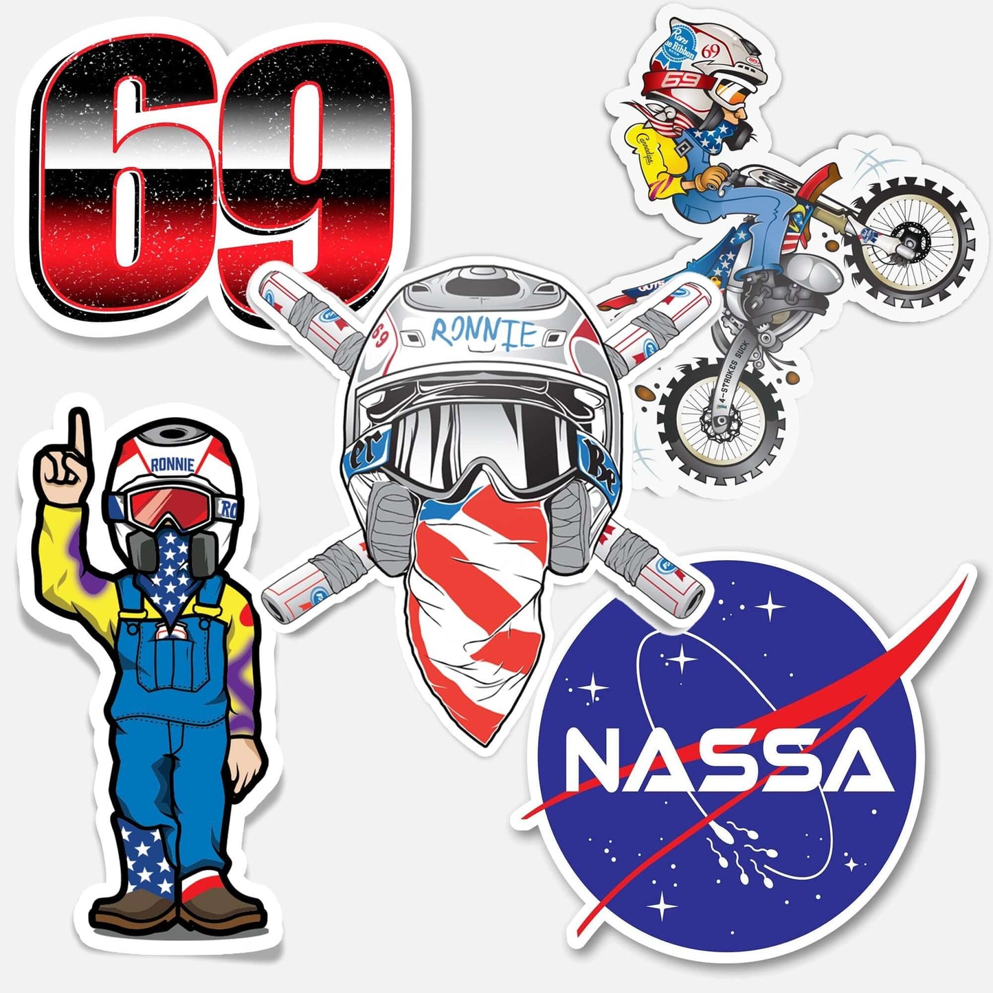 RonnieMac Classic 5 Pack Sticker Bundle featuring 69, NASSA, motocross character, crossbones, and air wheel designs.