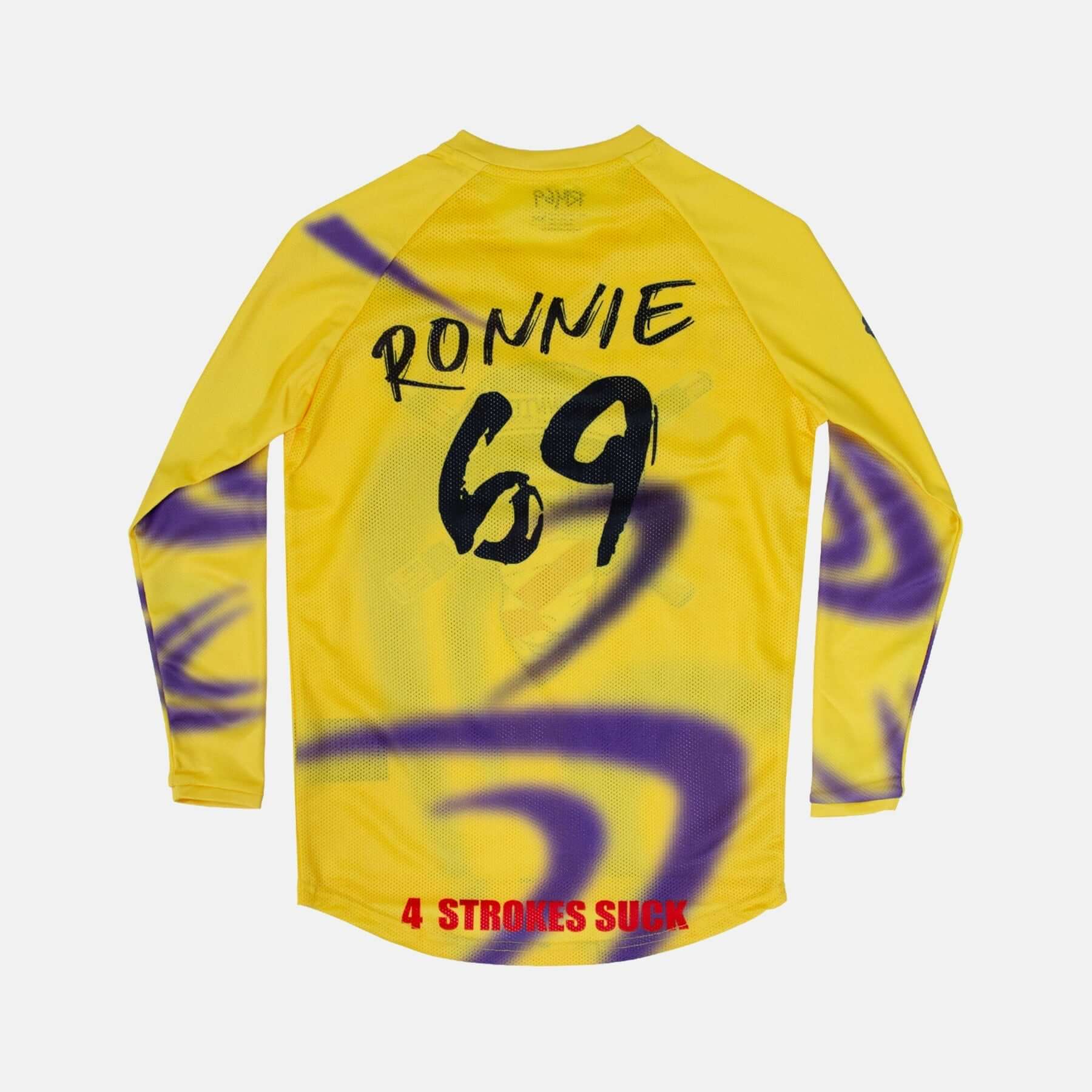 Yellow Crossbones Helmet 69 jersey with "Ronnie" and "4 Strokes Suck" in bold text, vented polyester design