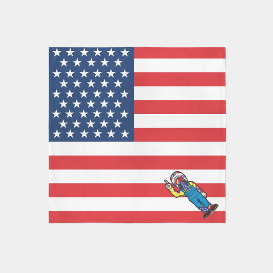 American flag bandana with cartoon character, 100% polyester, 22x22 inches, multi-use accessory for style and practicality.