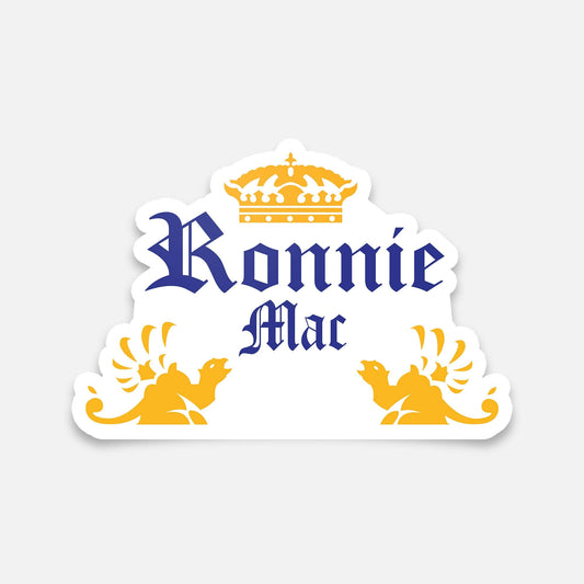 Ronnie Mac Crown Drink Sticker with golden crown design and text in bold font, ideal for windows, laptops, and more surfaces.