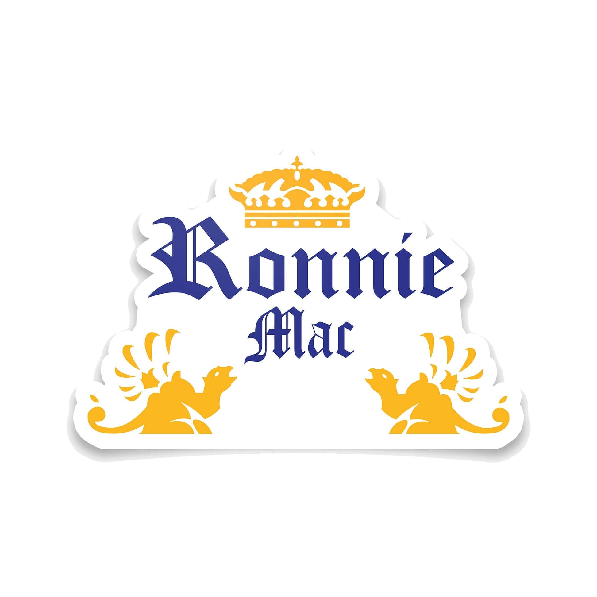 RonnieMac logo sticker with blue text, golden crown, and two golden griffins, part of the Xtreme 9 Sticker Pack collection.
