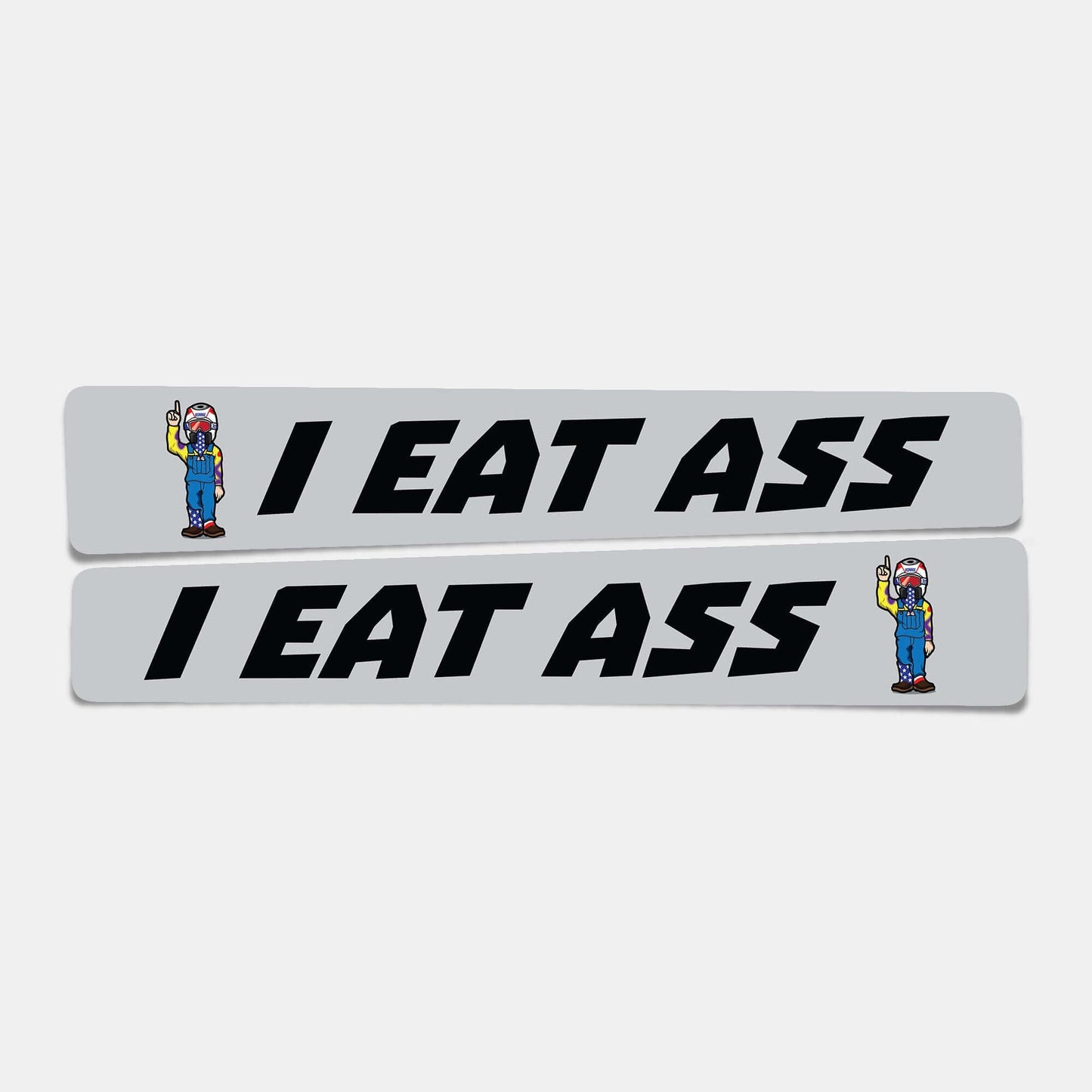 "I EAT ASS swingarm dirt bike decals featuring a cartoon character, perfect for most big bikes, 15 inches in length."