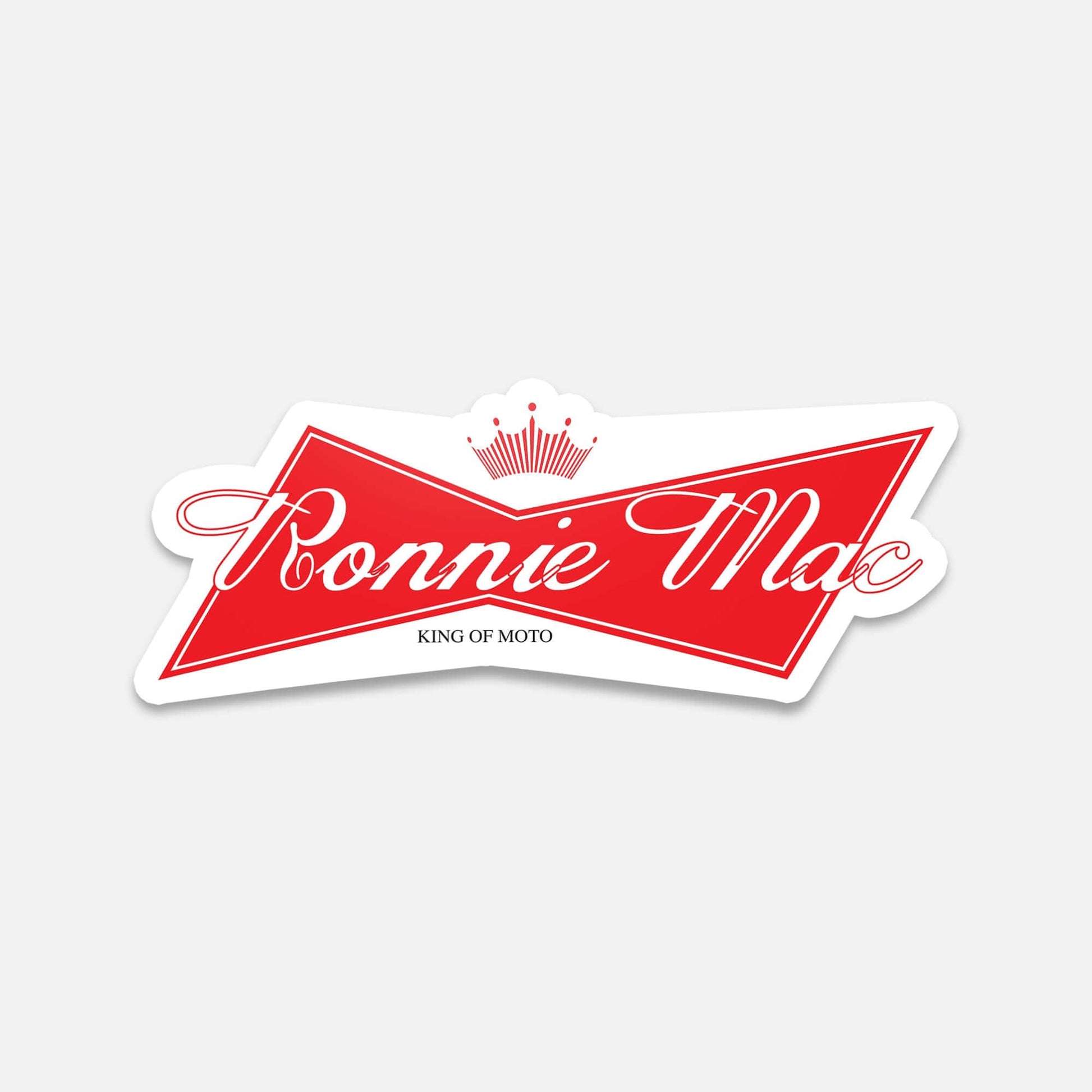Ronnie Mac King of Moto Drink Sticker in red and white design with crown graphic.