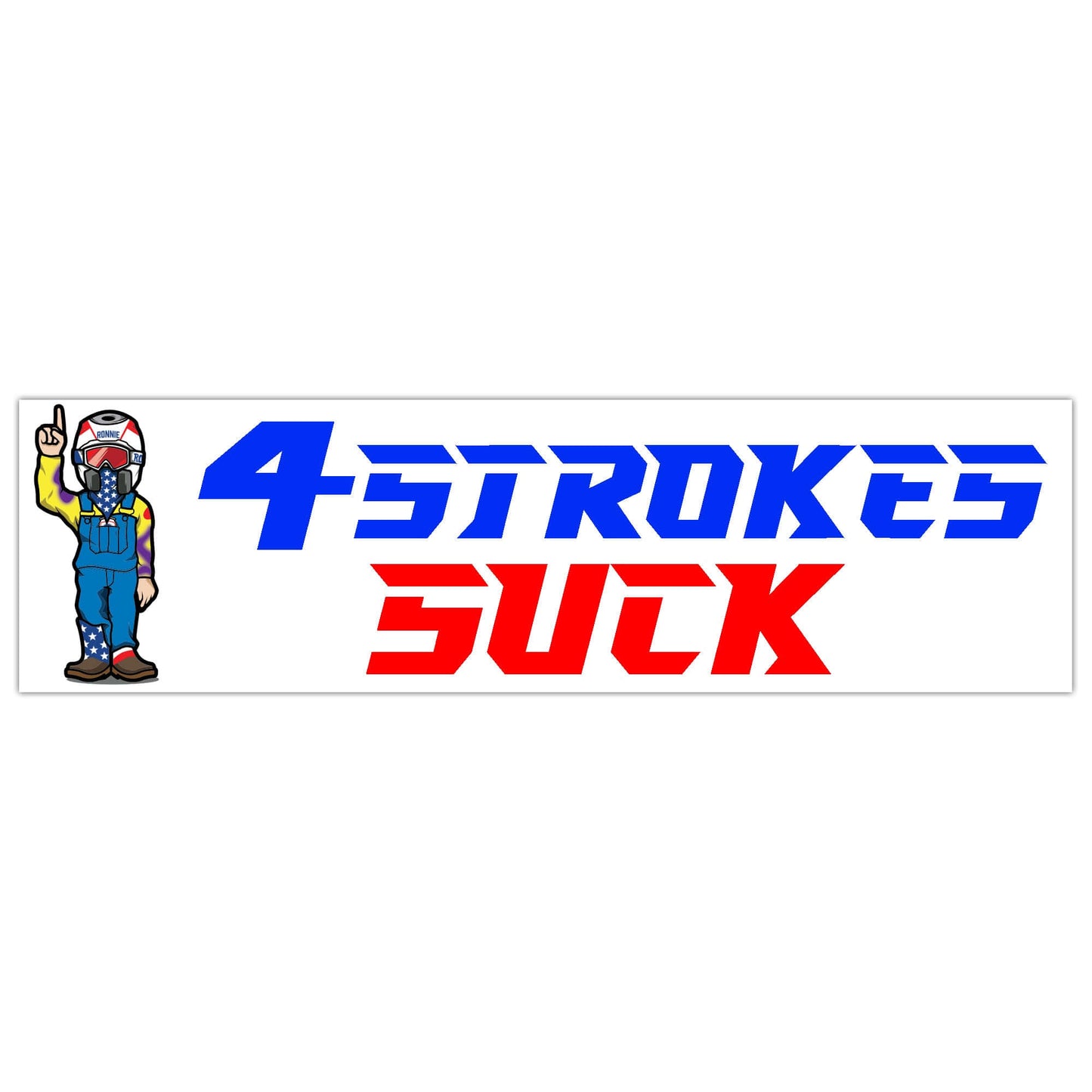 "4-Strokes Suck bumper sticker with character, featuring bold red, white, and blue design from Badass Motocross 9 Sticker Pack"