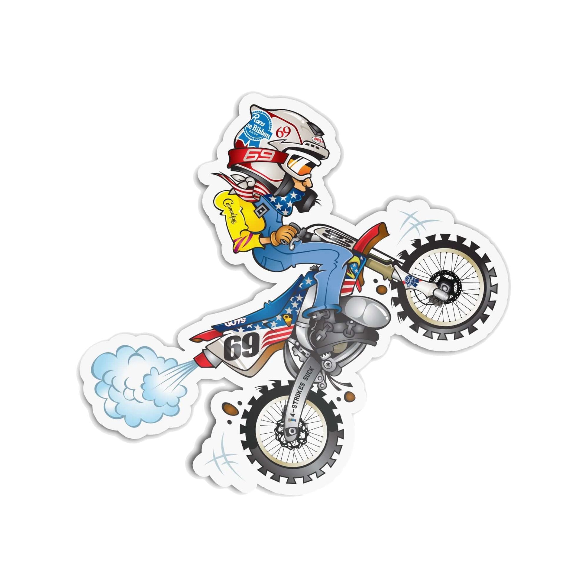 Cartoon RonnieMac performing air wheelie on dirt bike with number 69, from Xtreme 9 Sticker Pack.