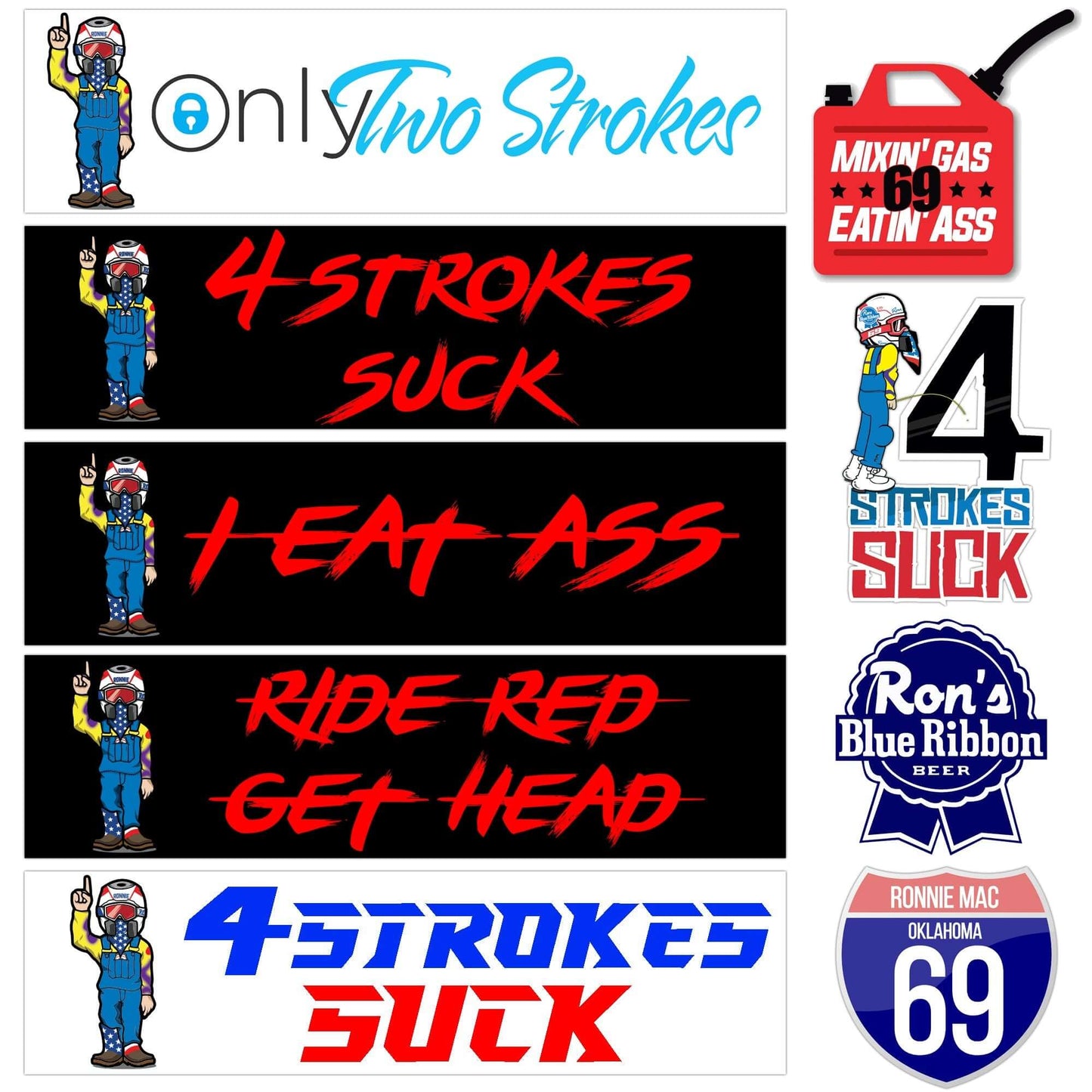 Badass Motocross 9 Sticker Pack featuring bold RonnieMac sayings and vibrant designs for motocross enthusiasts.