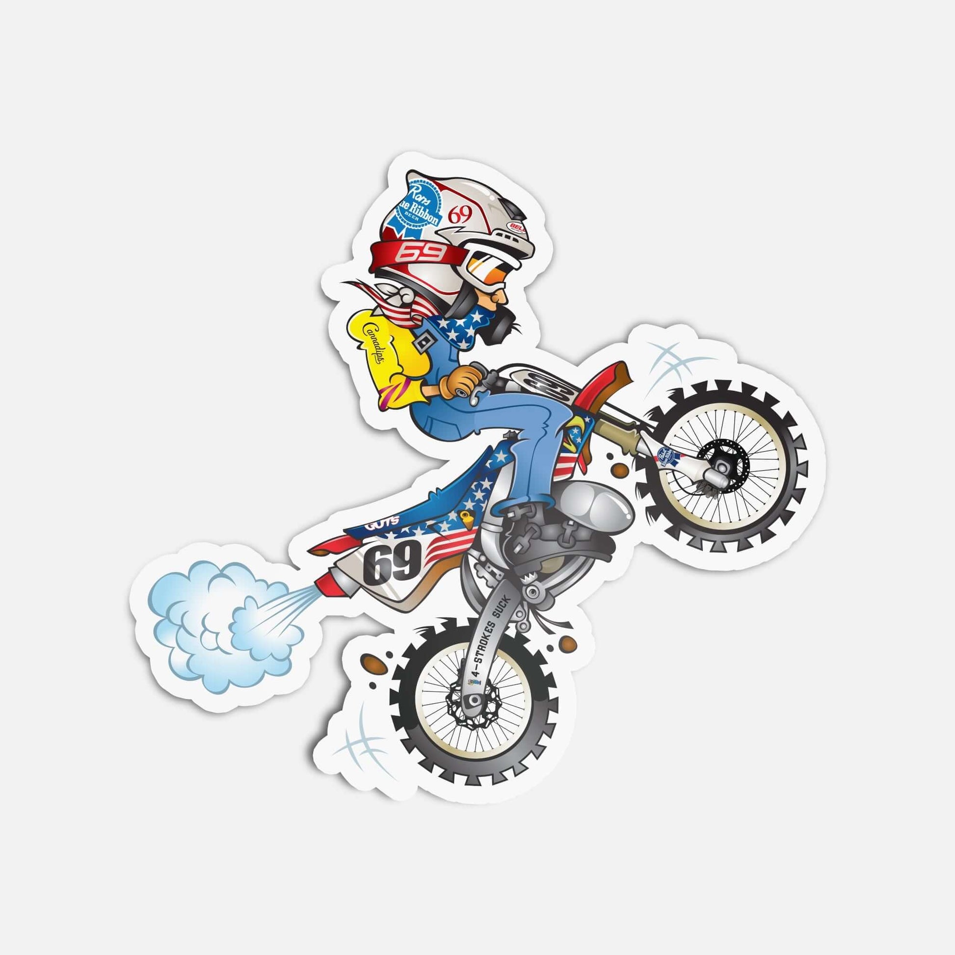 Character performing air wheelie on motorcycle sticker, featuring vibrant design and automotive-grade materials for versatile application.