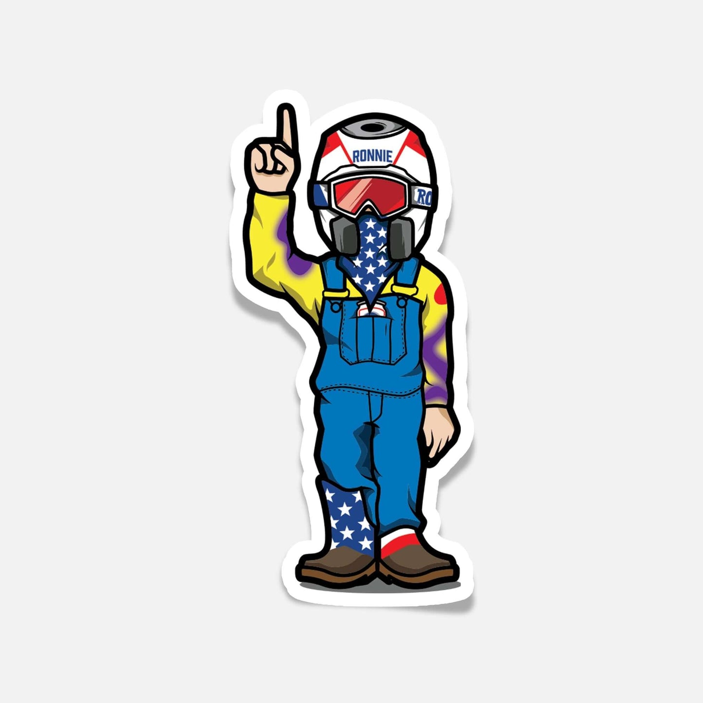 "Ronnie Mac character sticker featuring colorful outfit and helmet for dirt bike enthusiasts, perfect for car and laptop decor."