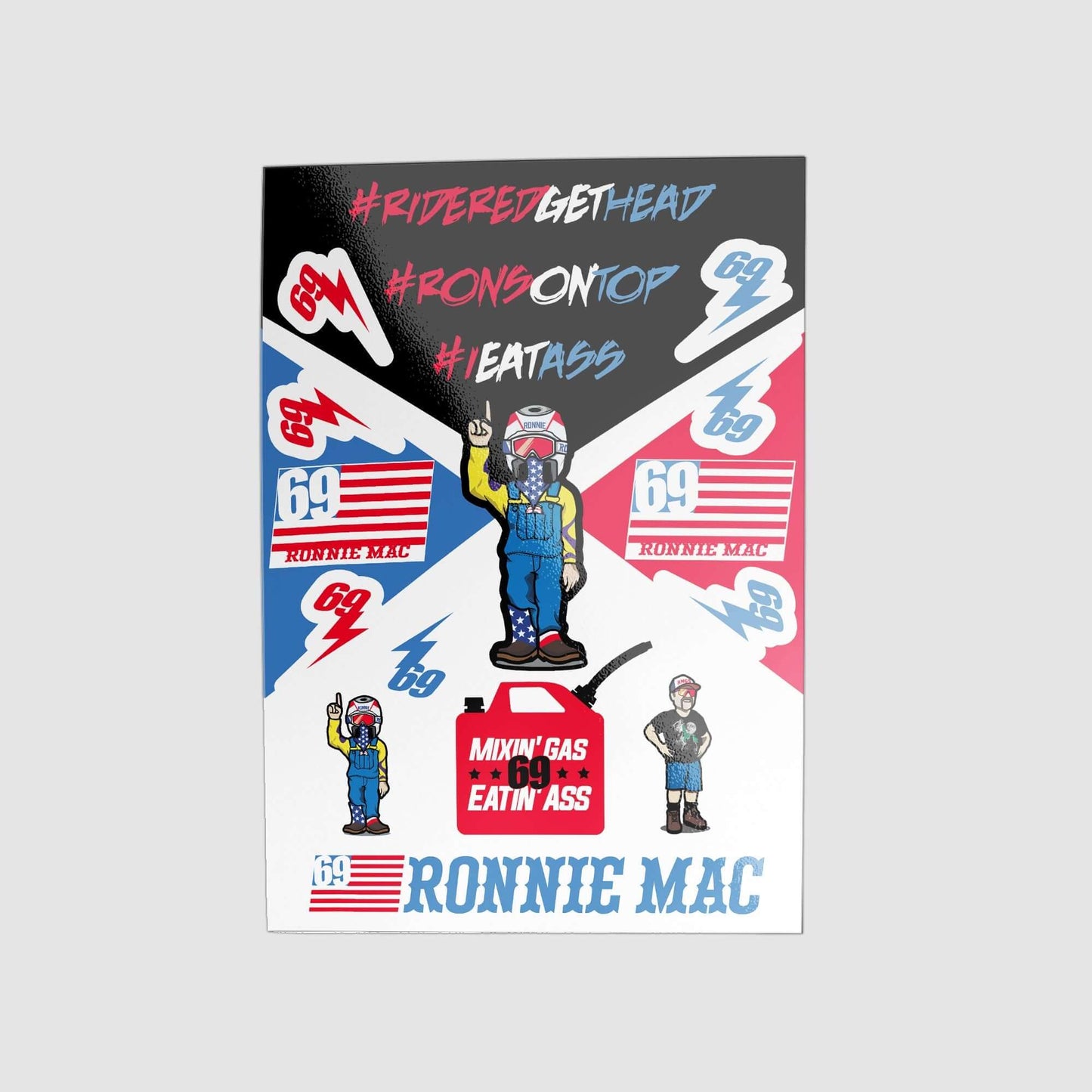 RonnieMac character sticker sheet with motocross-themed decals and bold slogans like #RidersGetHead and #RonsonTop.