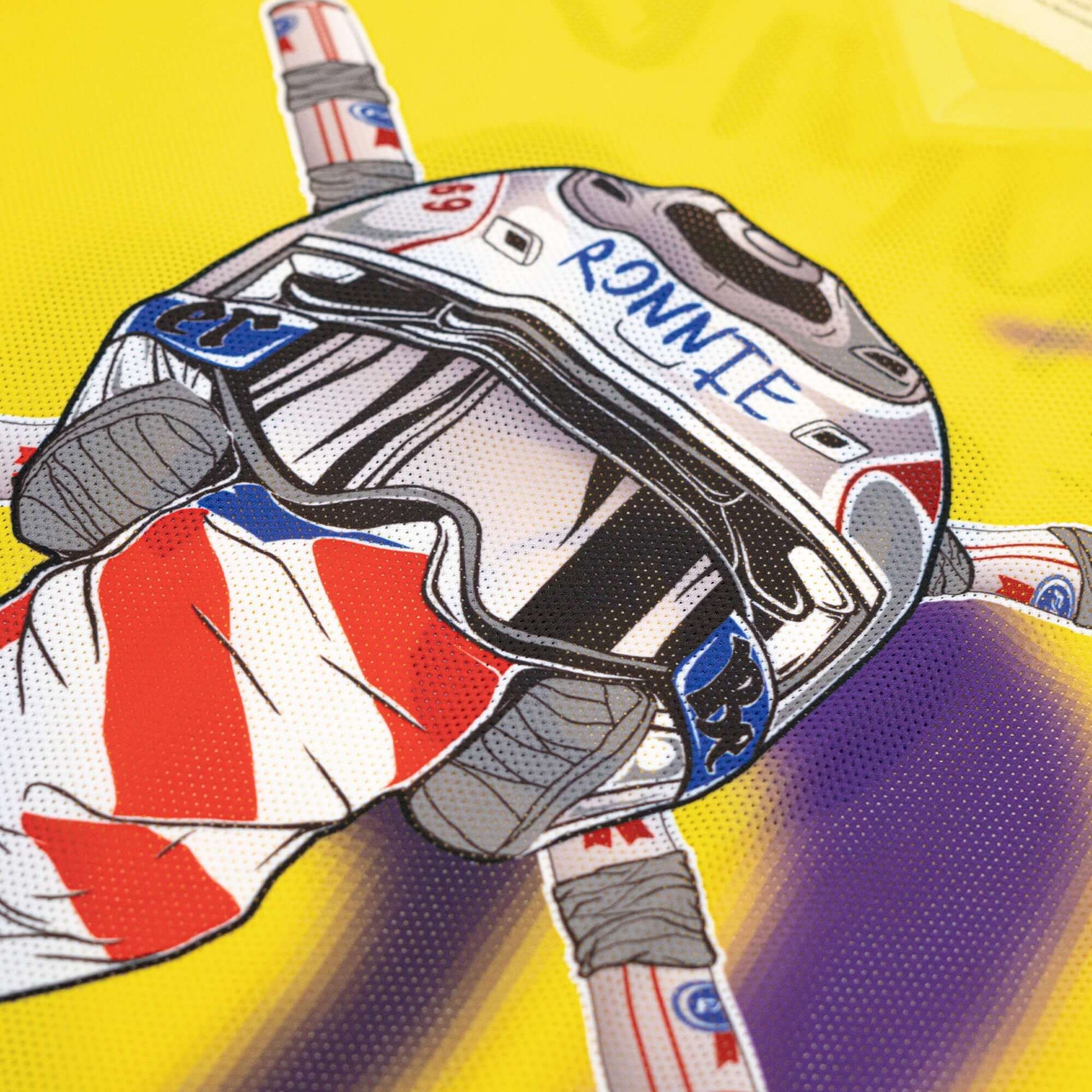 "Crossbones Helmet 69 Jersey design featuring race helmet with American flag theme and 'Ronnie' text on vibrant yellow background"
