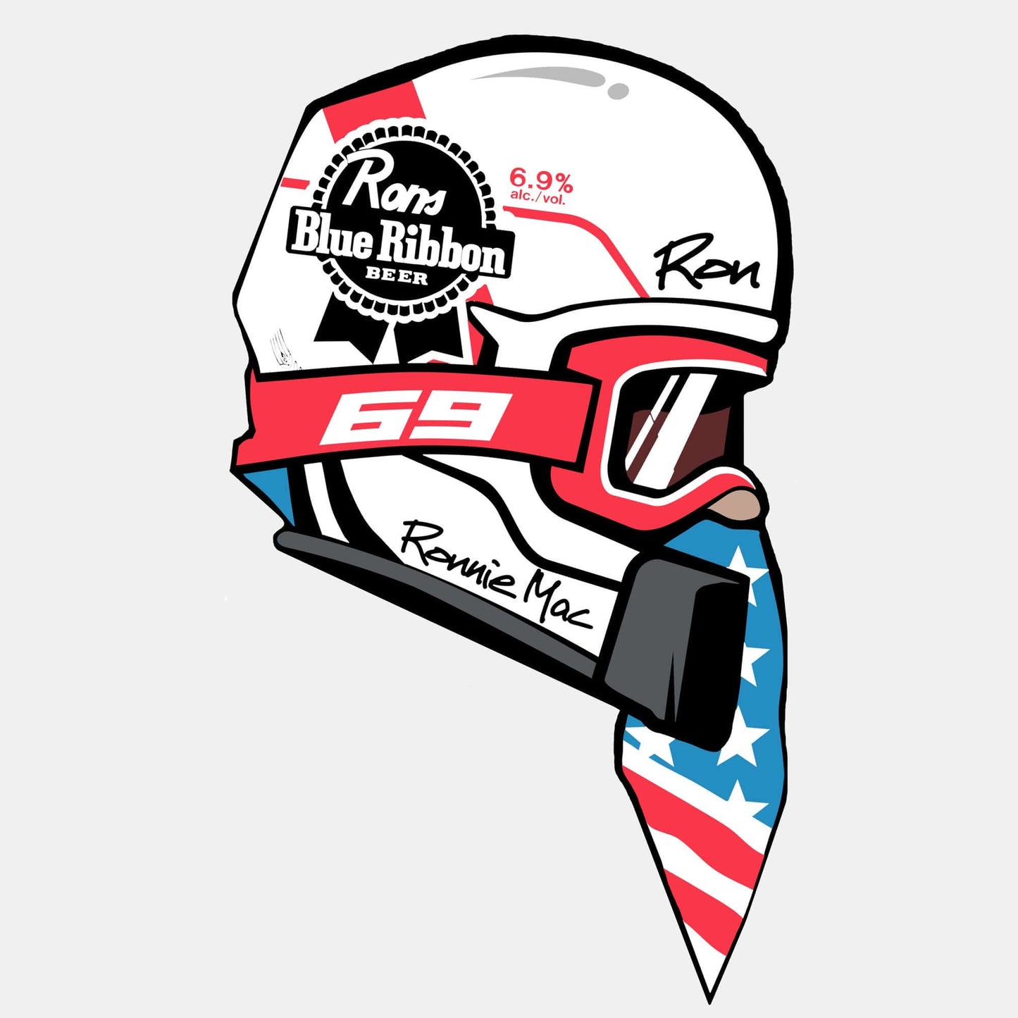 "Retro-inspired helmet logo sticker featuring American flag bandana and 'Ron's Blue Ribbon Beer' branding."