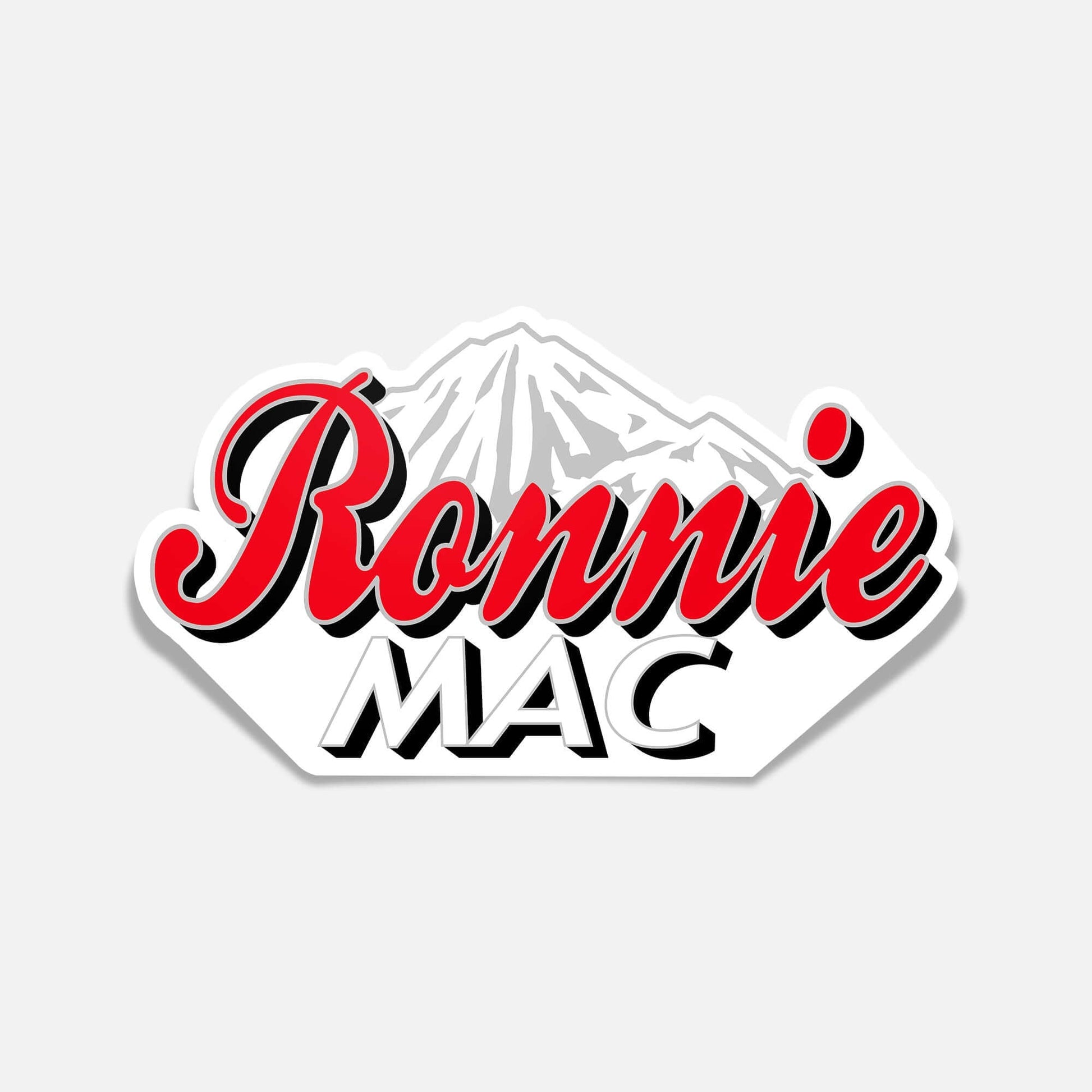 RonnieMac logo sticker with mountain design, part of the Send It 9 Sticker Pack, featuring bold red and black lettering.