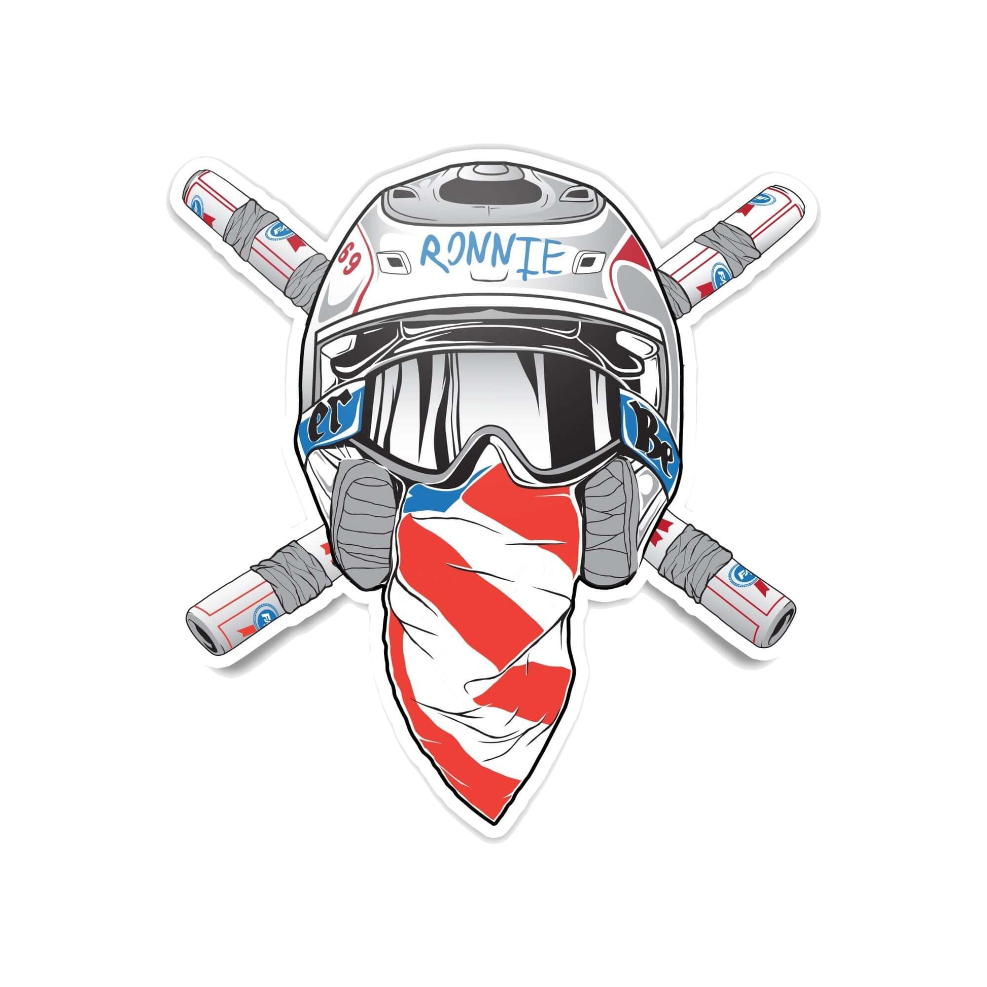 RonnieMac helmet sticker with red and blue bandana and crossed exhaust pipes from Xtreme 9 Sticker Pack.
