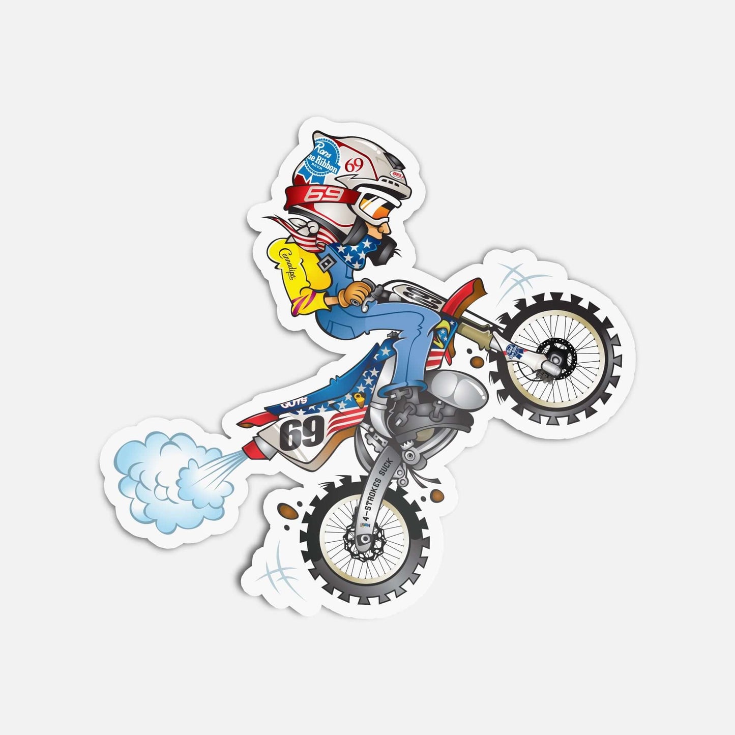 Cartoon of a motocross rider in mid-air, performing a wheelie on a dirt bike with an American flag design, wearing a helmet and red boots.