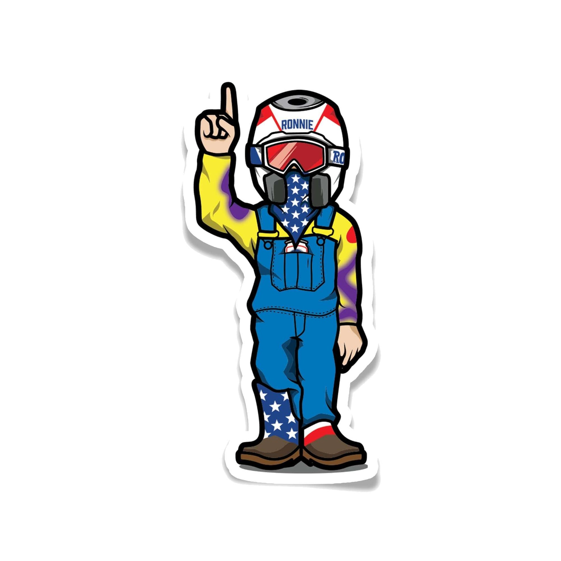 RonnieMac character sticker pointing upward, wearing colorful outfit and helmet, from the Xtreme 9 Sticker Pack.
