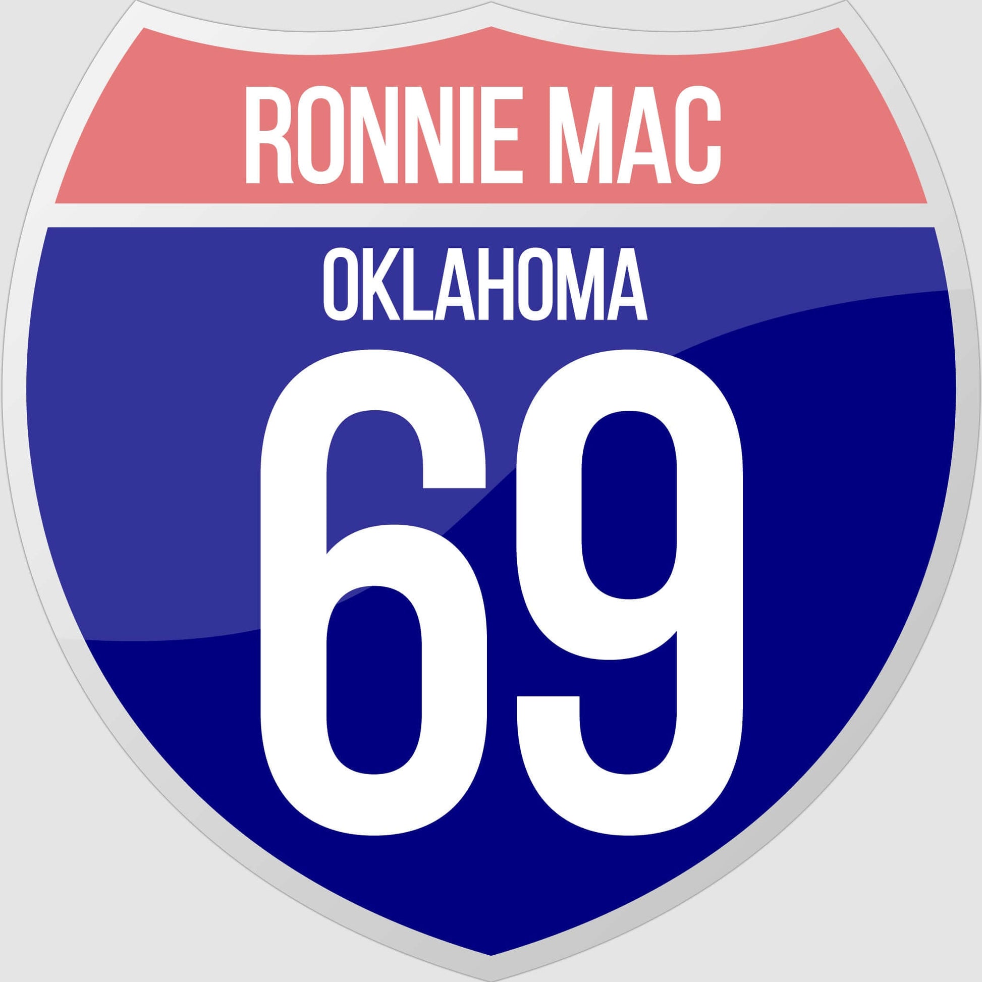 Route 69 road sign moto sticker by Ronnie Mac in Oklahoma design.