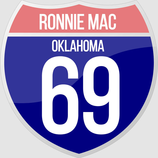 Route 69 road sign moto sticker by Ronnie Mac in Oklahoma design.