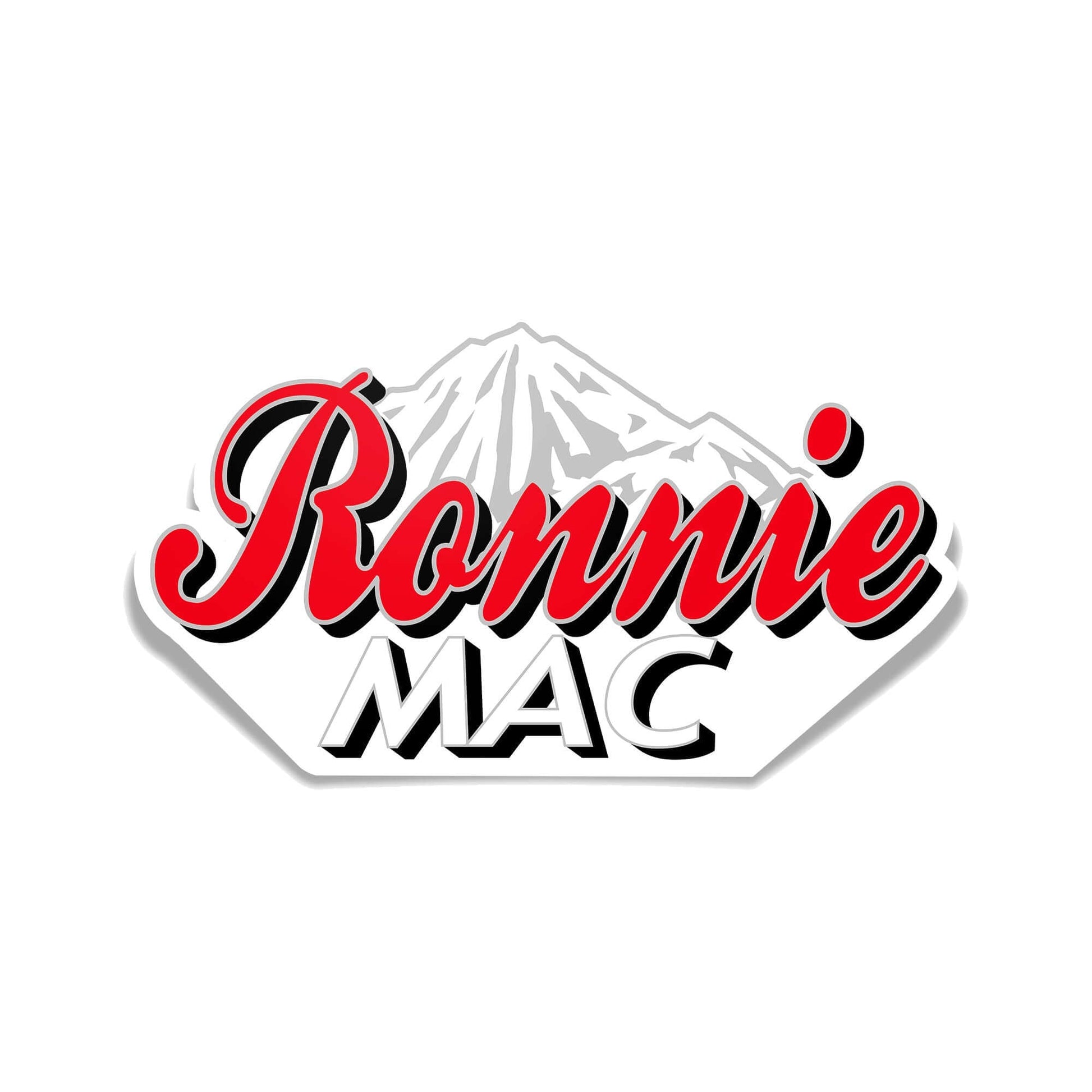 Ronnie Mac logo sticker with mountain graphic in red and black colors.