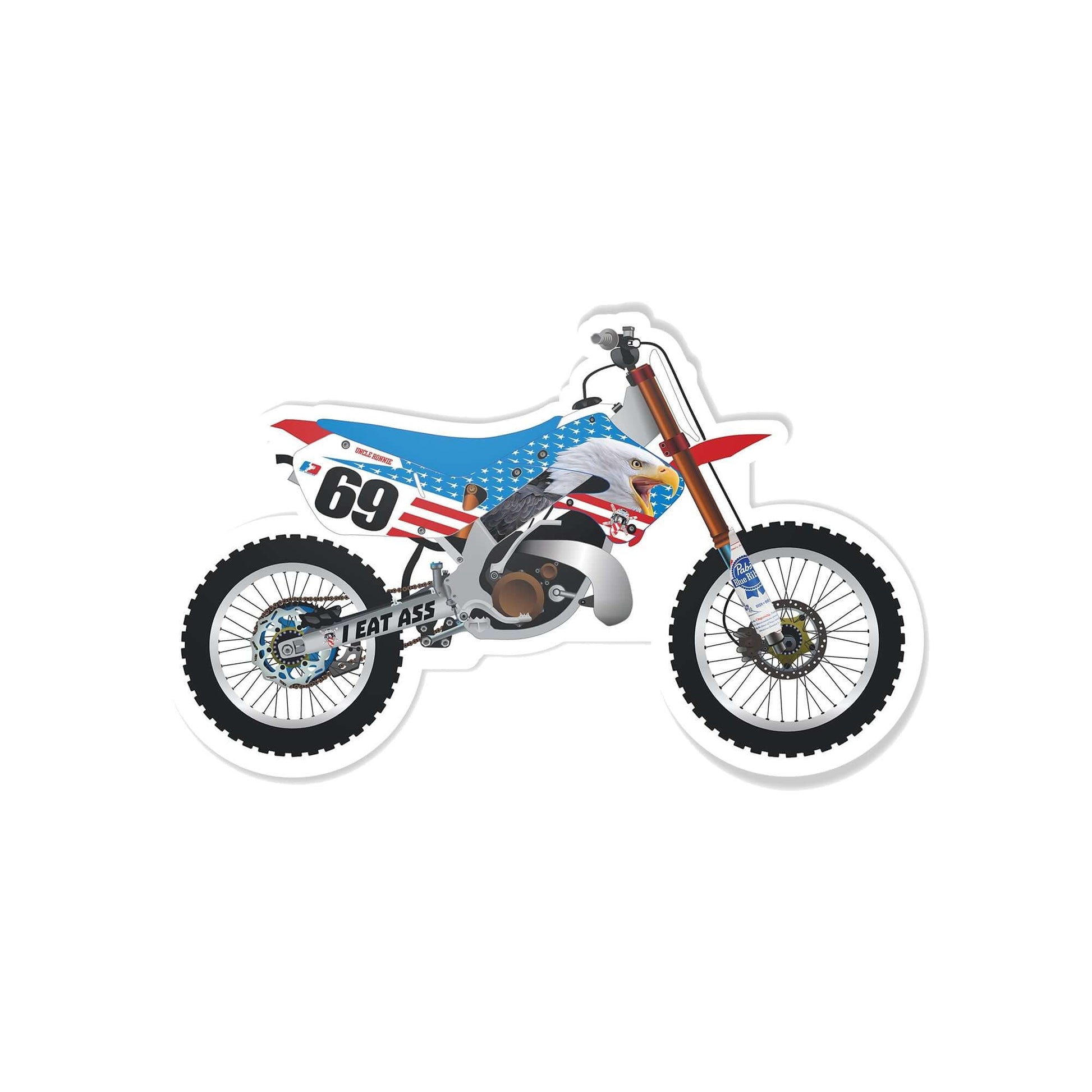 Graphic of a blue and red customized motocross bike with number 69 decal, part of the Xtreme 9 RonnieMac Sticker Pack collection.