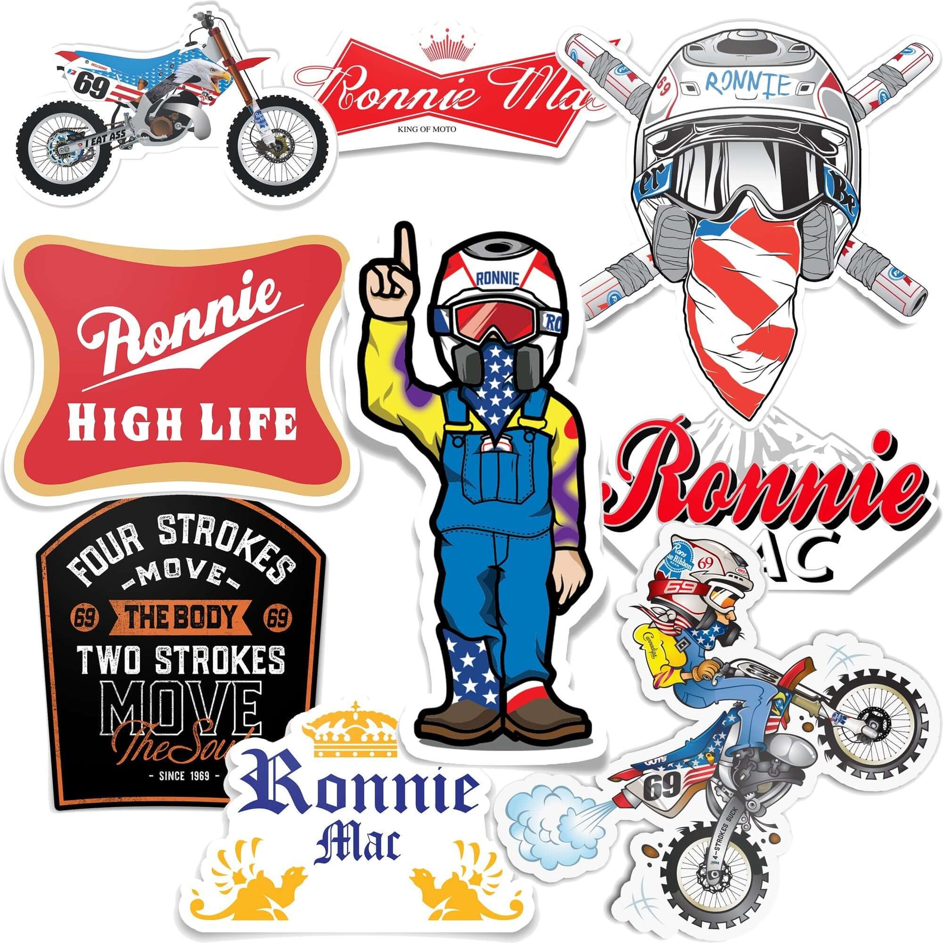 Xtreme 9 Sticker Pack featuring RonnieMac designs, including high life, air wheelie, crossbones, and classic character graphics.
