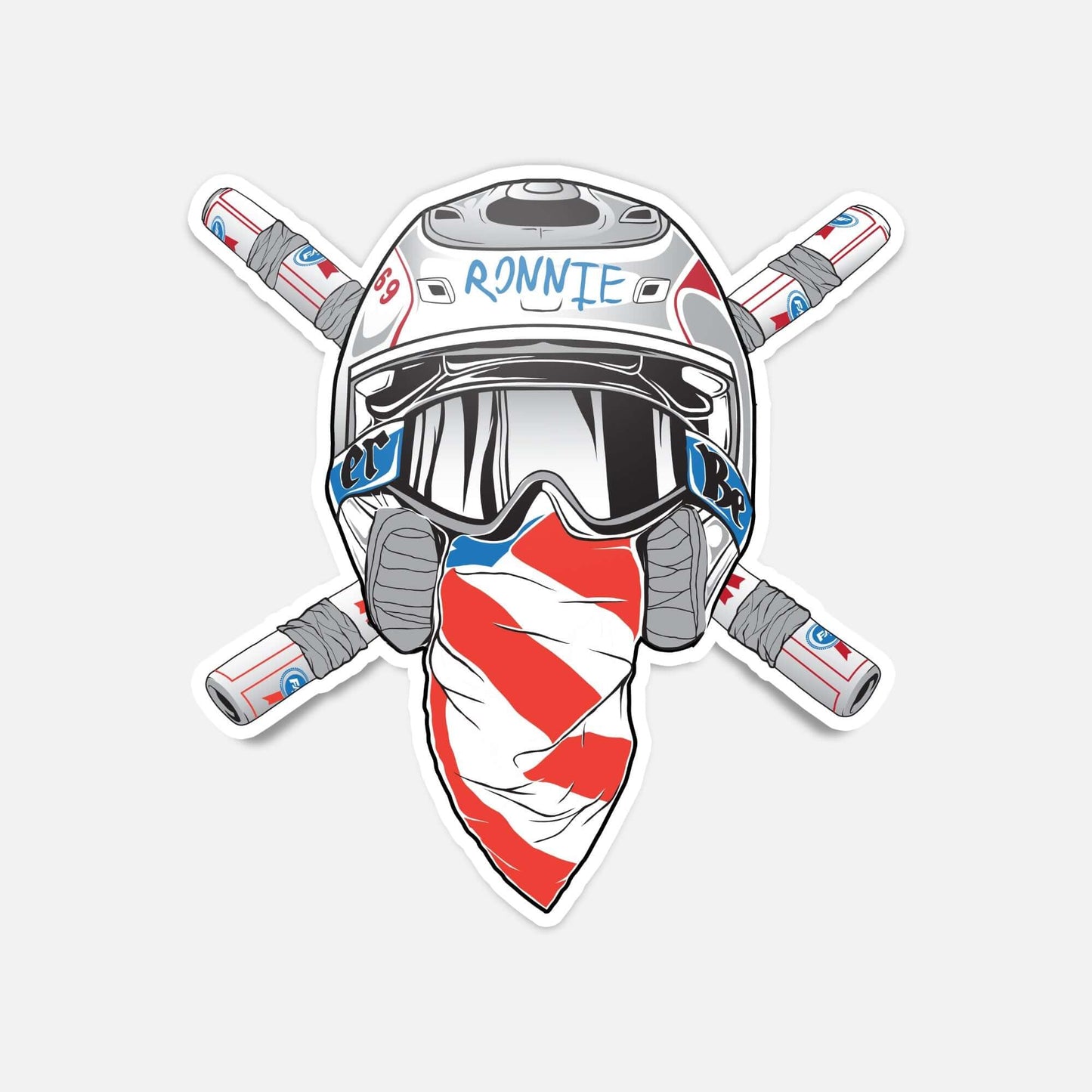 Crossbones sticker featuring a helmet with goggles and red, white, and blue bandana, ideal for cars, laptops, and water bottles.