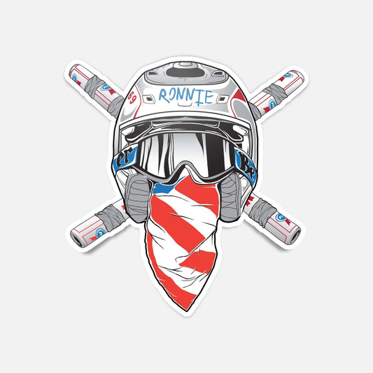 Crossbones sticker featuring a helmet with goggles and red, white, and blue bandana, ideal for cars, laptops, and water bottles.