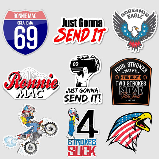Send It 9 Sticker Pack featuring RonnieMac designs, including motorcycle, eagle, and bold 'Send It' graphics.