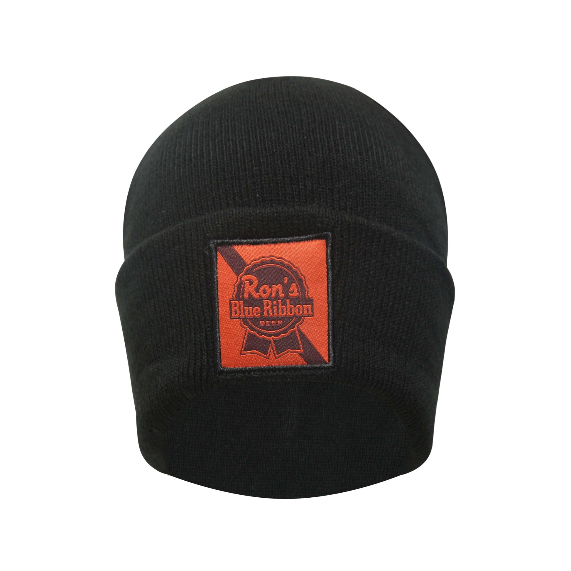 Ron's Blue Ribbon Beer black beanie with logo patch, motorcycle-inspired, durable knit cap for motocross enthusiasts.