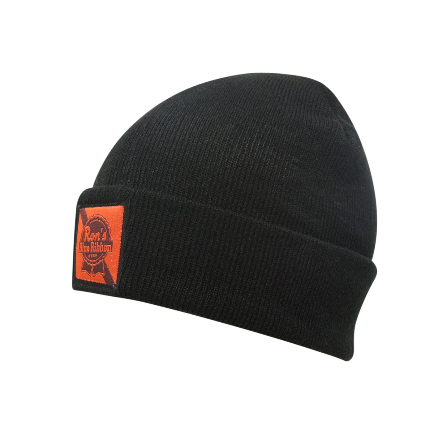 Ron's Blue Ribbon Beer black beanie with orange patch for motocross enthusiasts