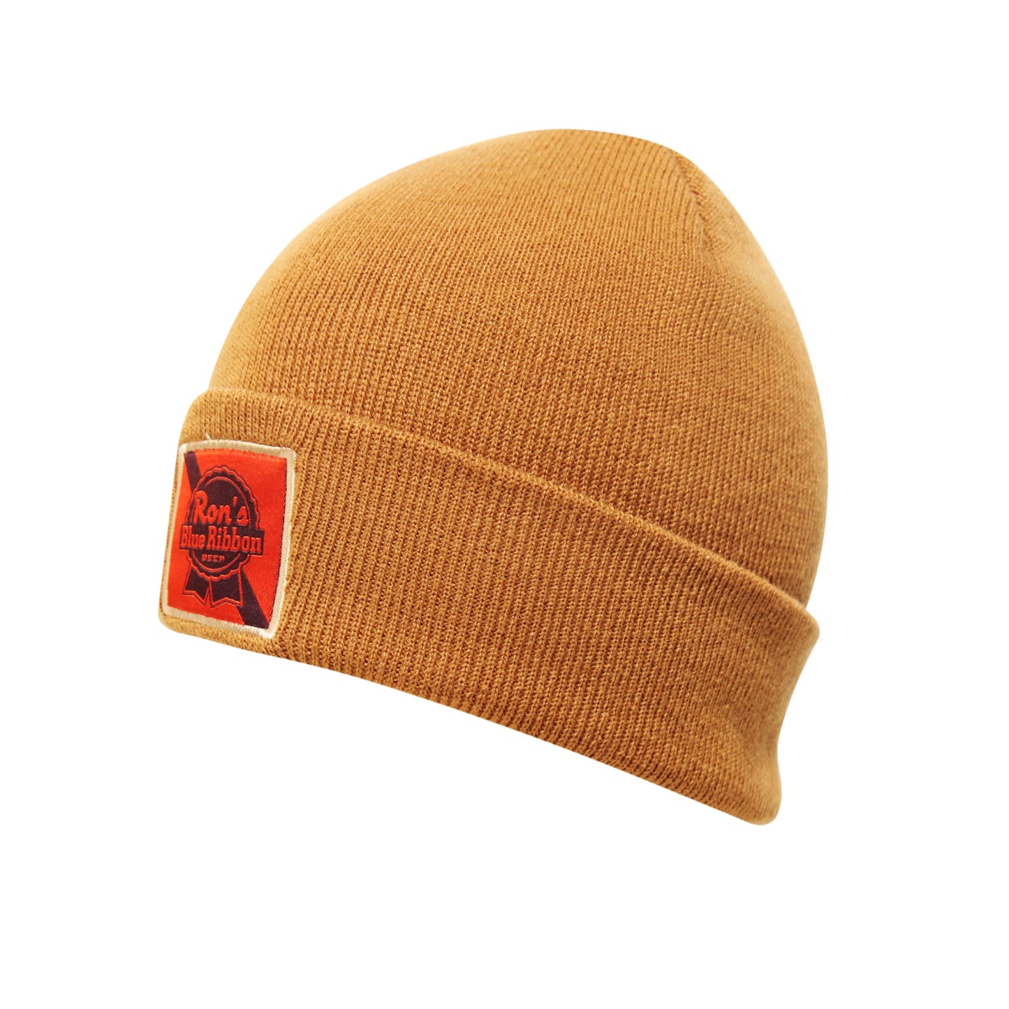 Ron's Blue Ribbon Beer brown beanie showcasing durable material and stylish patch design.