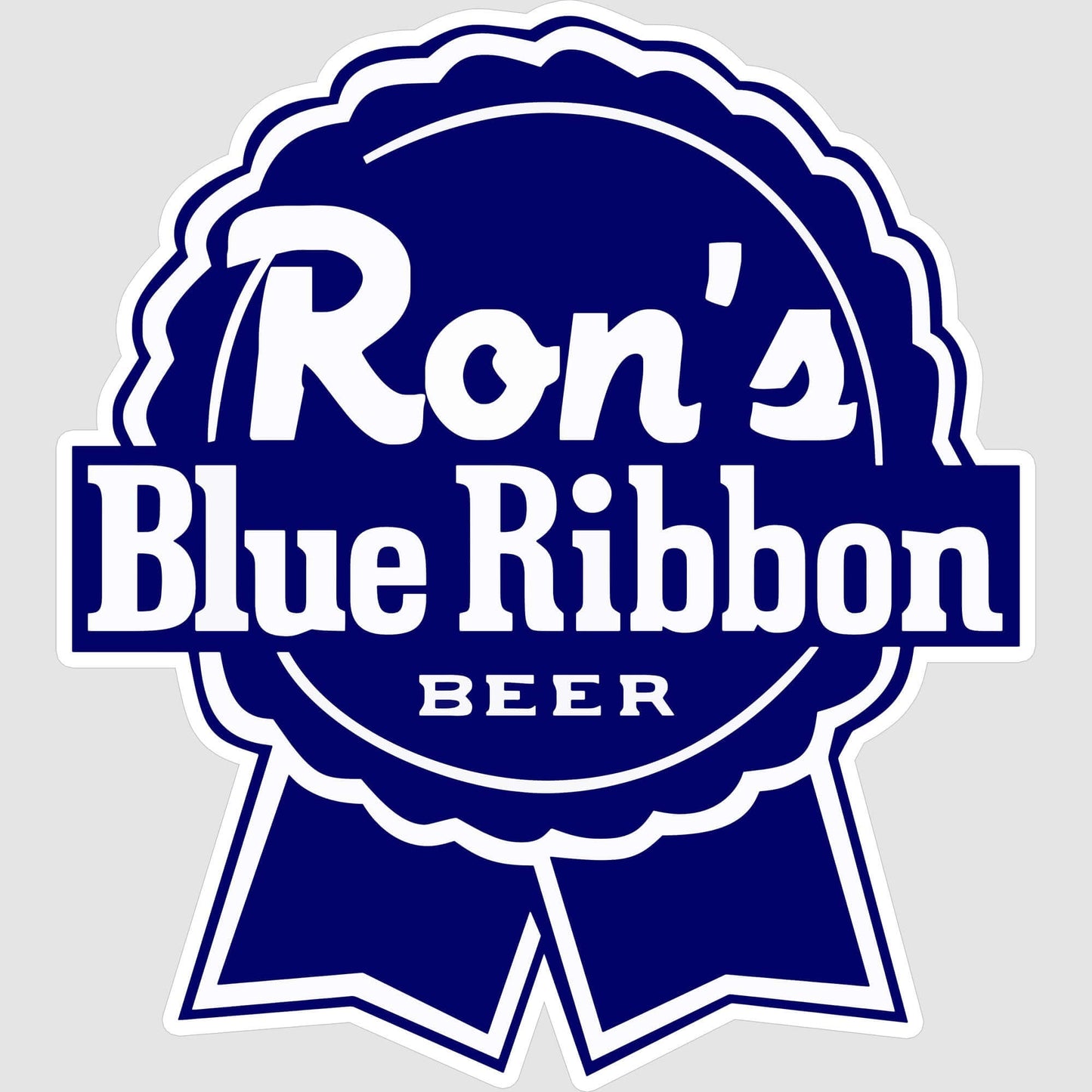 Ron's Blue Ribbon Beer logo in dark blue and white design.