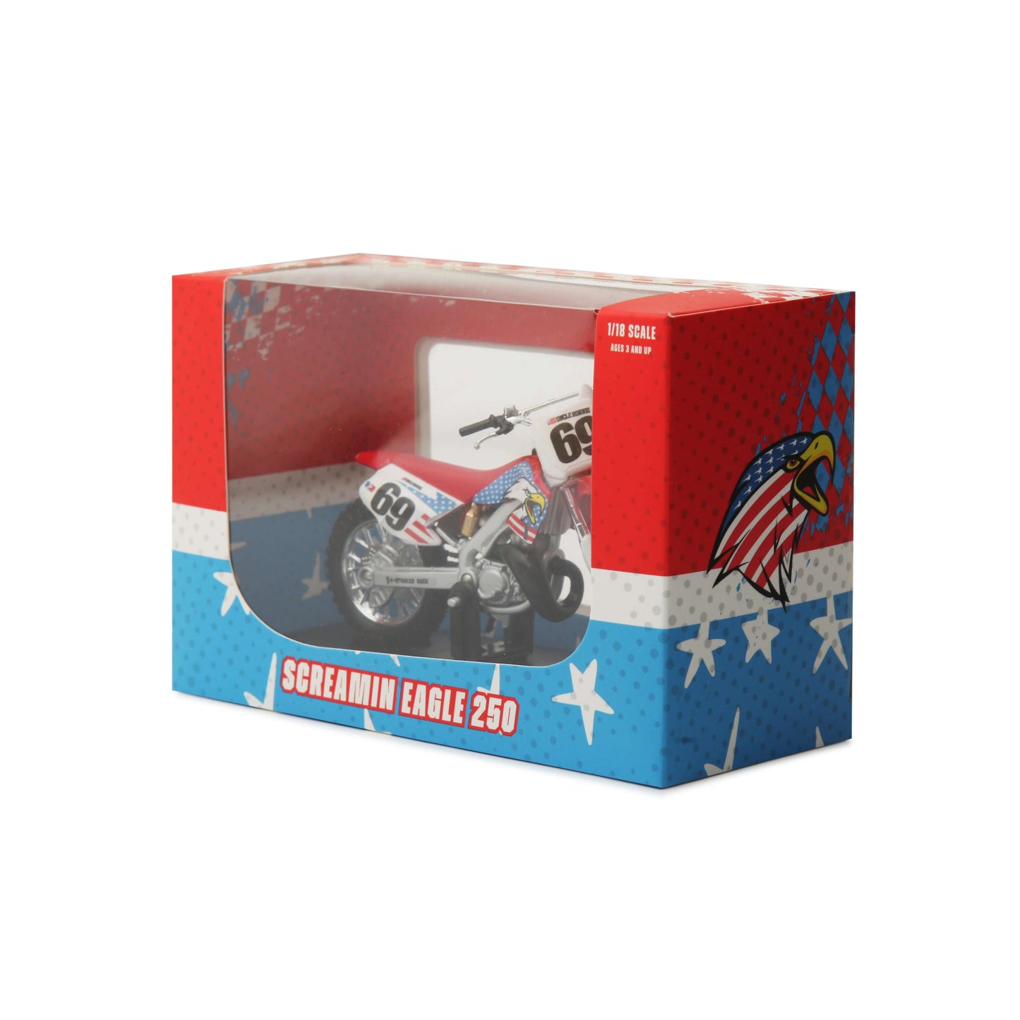 "Screamin Eagle 250 Replica Collectible Dirt Bike in display packaging with colorful graphics and stars"