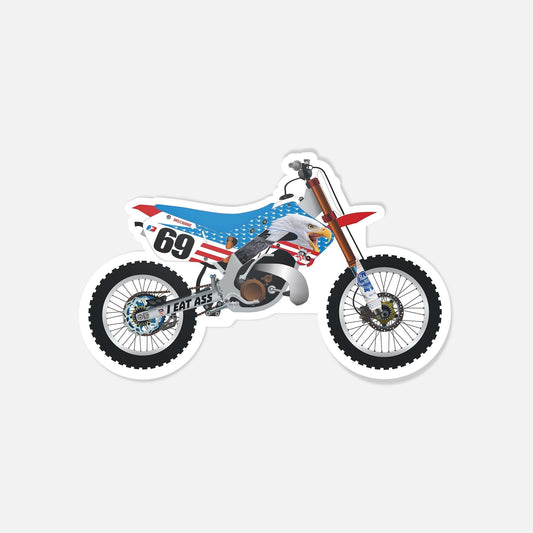 Screamin Eagle bike sticker with patriotic colors and number 69, featuring a powerful two-stroke motorcycle design.