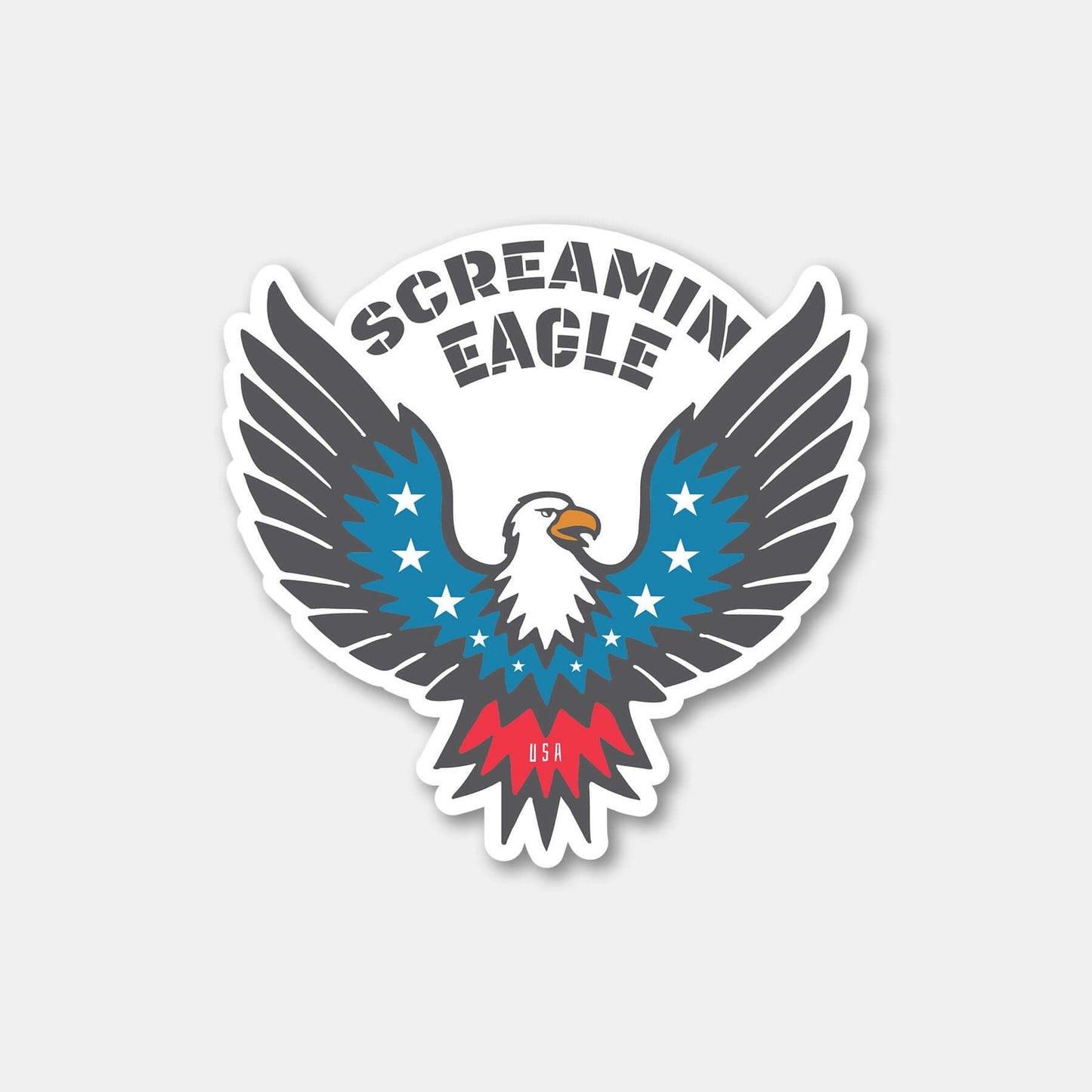 "Screamin Eagle sticker featuring a stylized eagle with spread wings and USA theme in red, white, and blue colors"