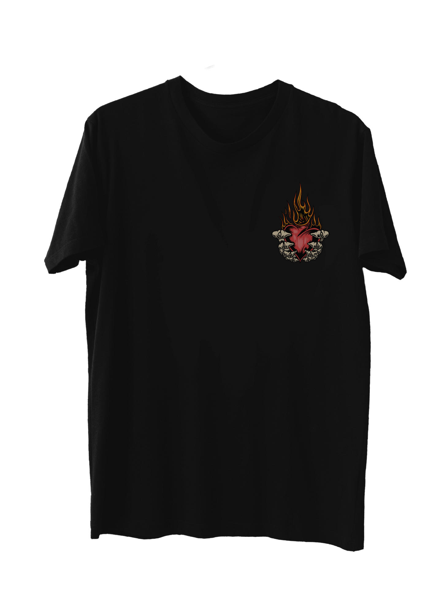 Black t-shirt featuring a skeleton holding a flaming heart design; edgy style with short sleeves, perfect for versatile wear.