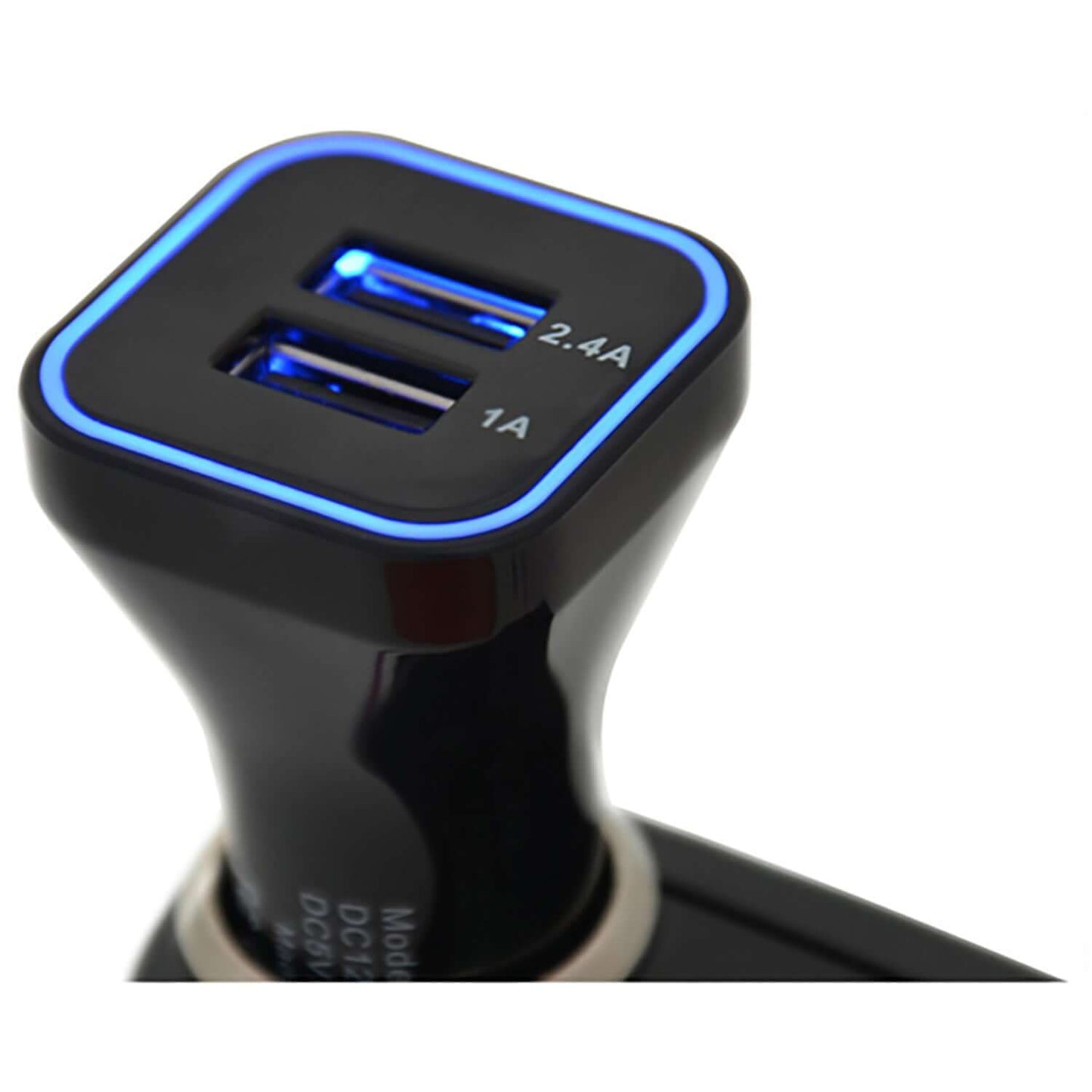 Dual USB car charger with 3.4A output, featuring illuminated ports for charging devices on-the-go with safety protection.