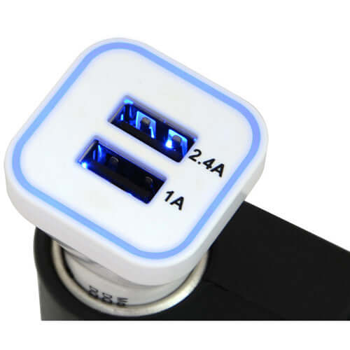 Dual USB car charger with 2.4A and 1A ports, plugged into car power outlet, featuring LED lights.