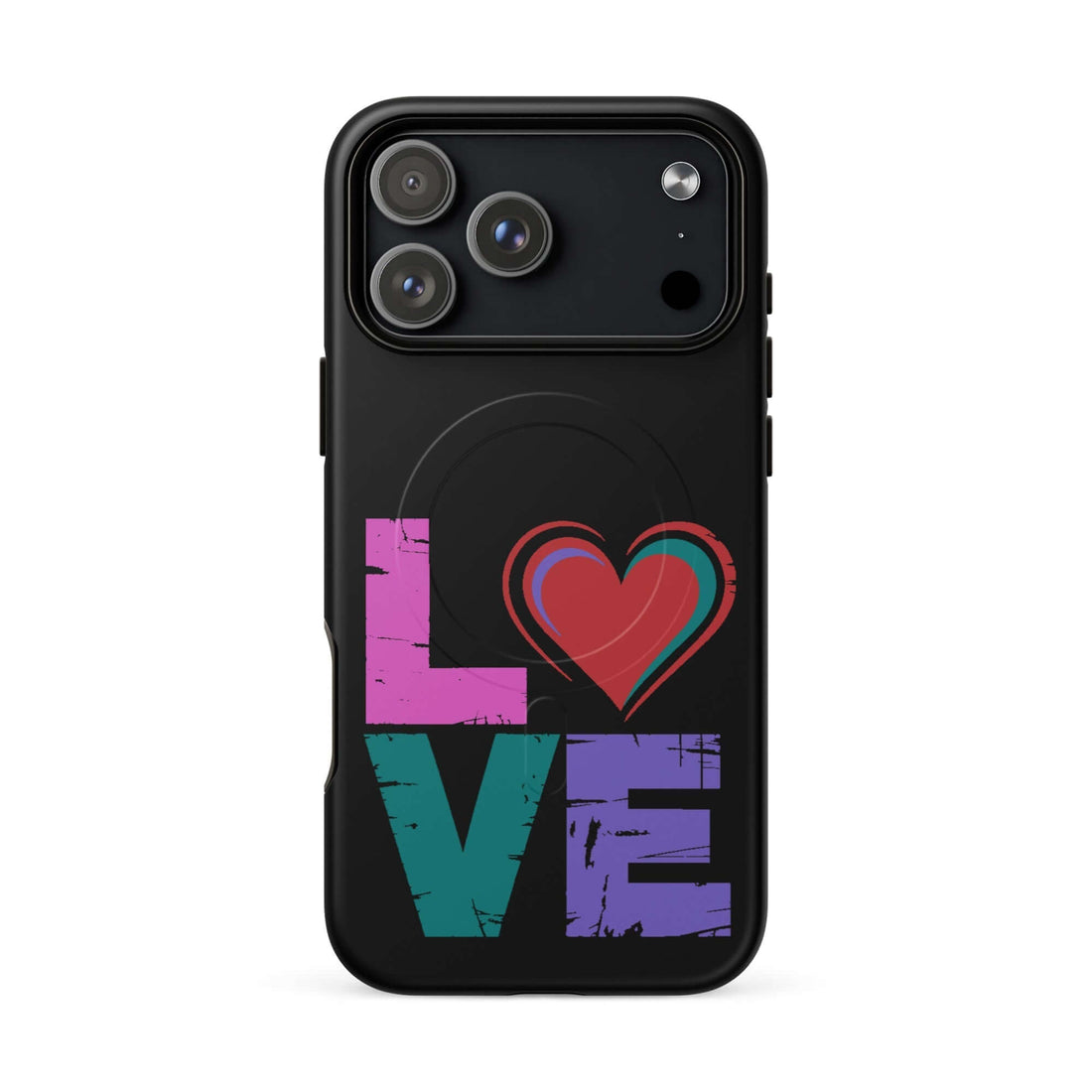 iPhone Case featuring a vibrant design with the word 'LOVE' and heart graphics in colorful lettering.