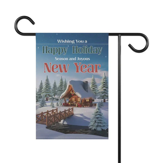 holiday and new year banner featuring a cozy snowy scene with a festive greeting for the season.